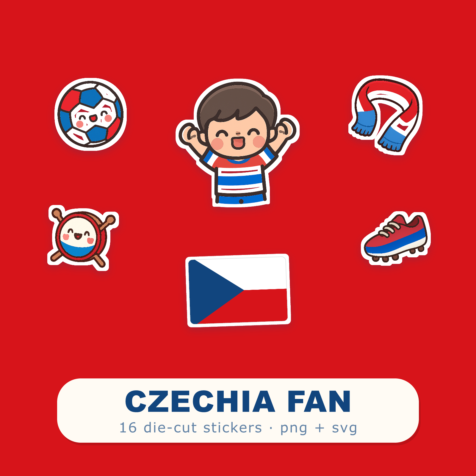 Czechia Football Fan Sticker Pack — 16 Kawaii Die-Cut Supporter Stickers (PNG + SVG)