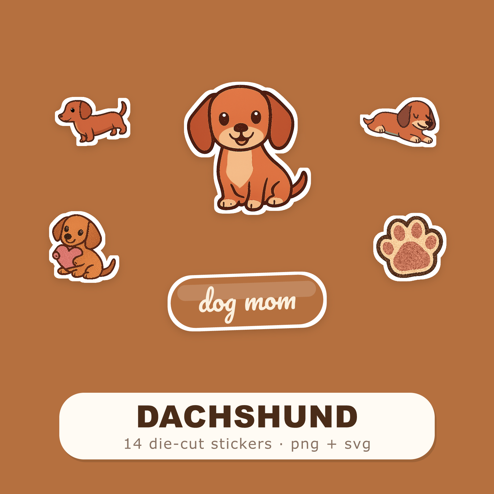 Dachshund Kawaii Sticker Pack — Dog Mom Die-Cut Stickers (PNG + SVG, Commercial Use)