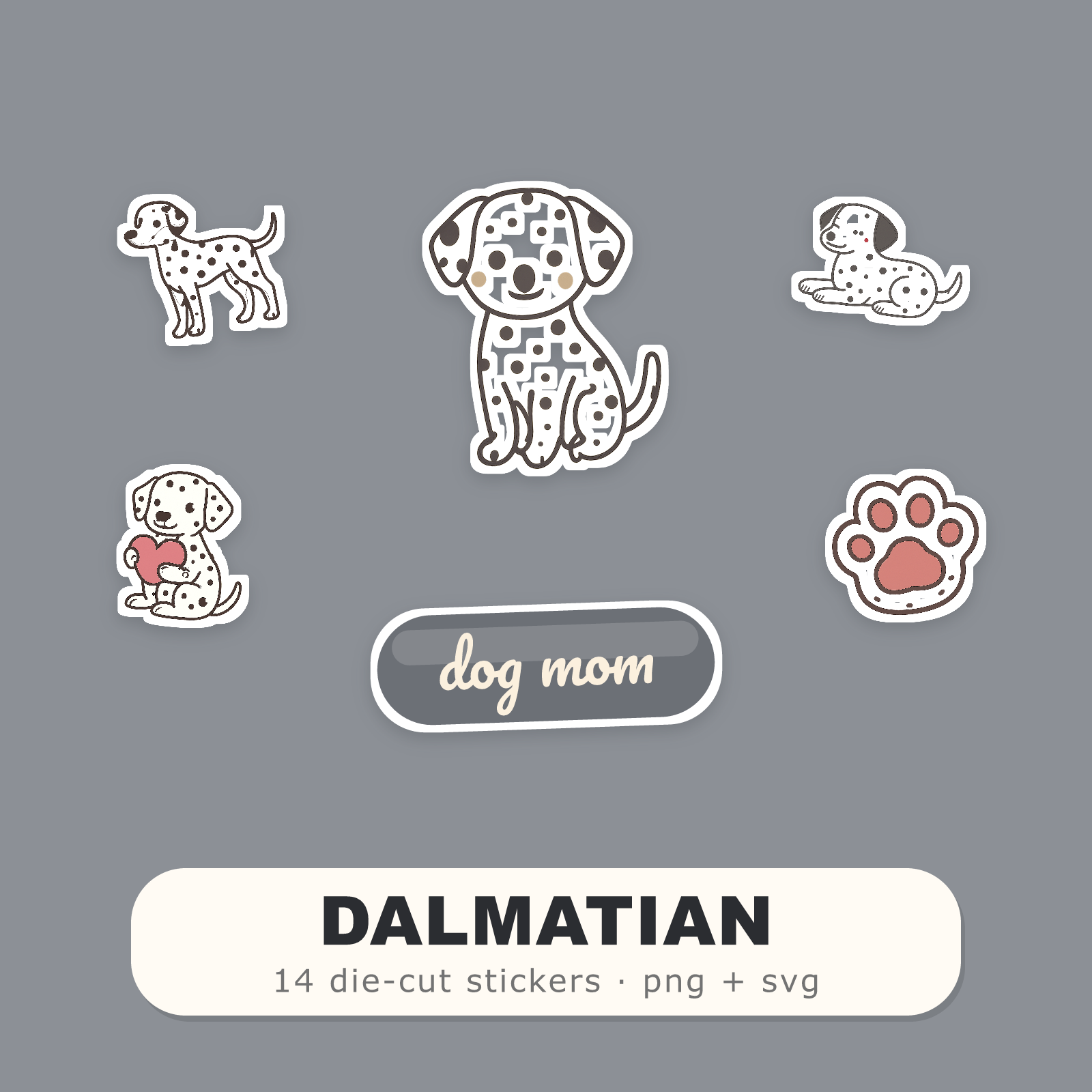 Dalmatian Kawaii Sticker Pack — Dog Mom Die-Cut Stickers (PNG + SVG, Commercial Use)