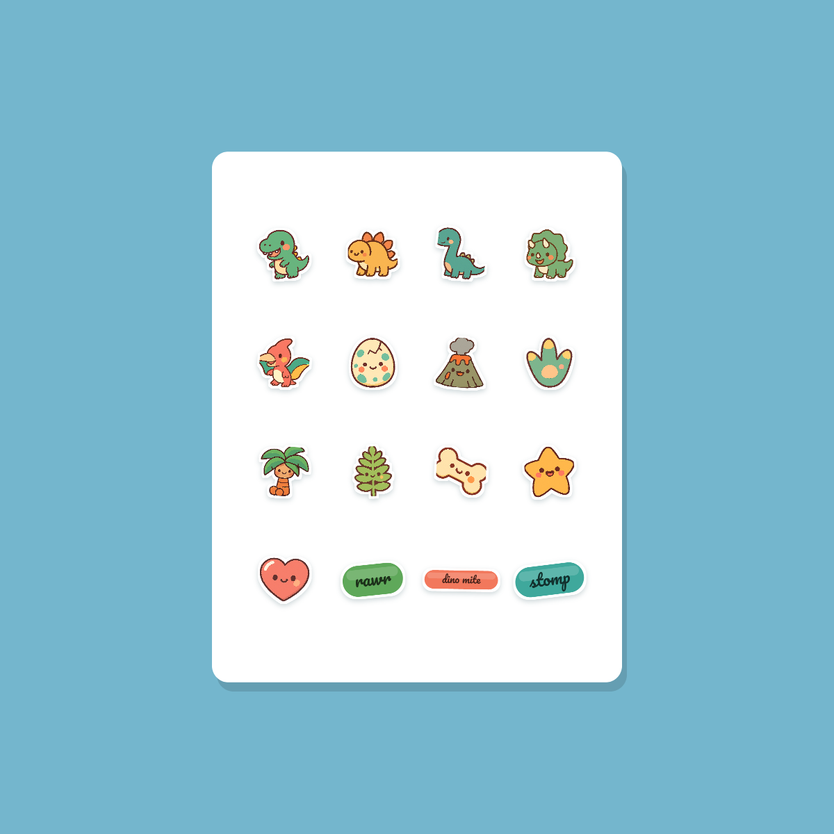 Dinosaur Sticker Pack — 16 Die-Cut Kawaii T-Rex, Stegosaurus, Triceratops & Brontosaurus Stickers (PNG + SVG, Commercial Use) preview 3