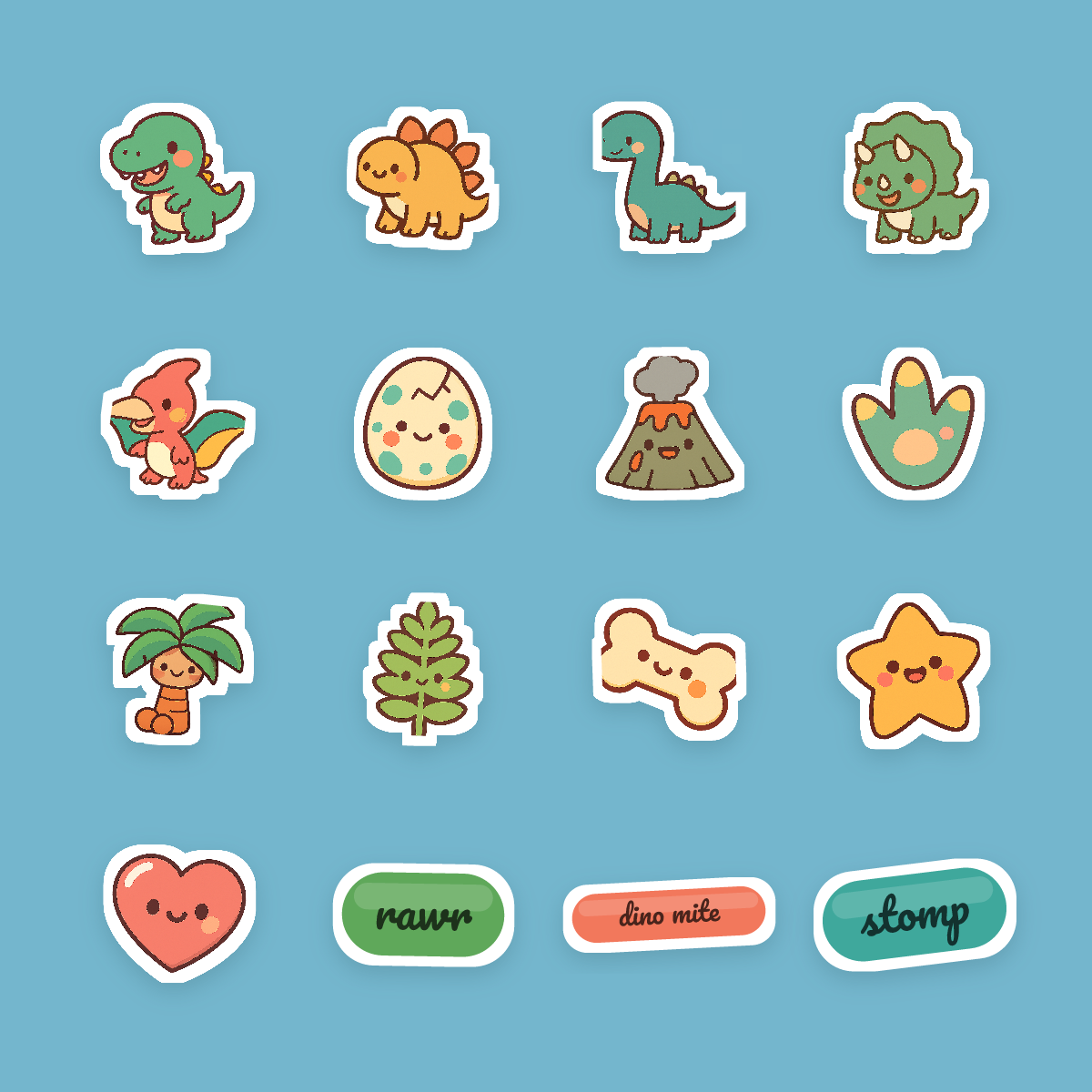 Dinosaur Sticker Pack — 16 Die-Cut Kawaii T-Rex, Stegosaurus, Triceratops & Brontosaurus Stickers (PNG + SVG, Commercial Use) preview 4