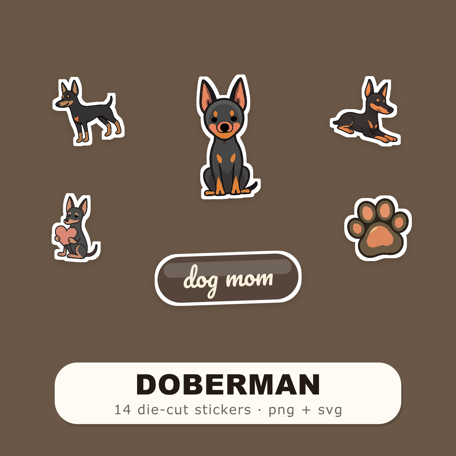 Doberman Kawaii Sticker Pack — Dog Mom Die-Cut Stickers (PNG + SVG, Commercial Use)