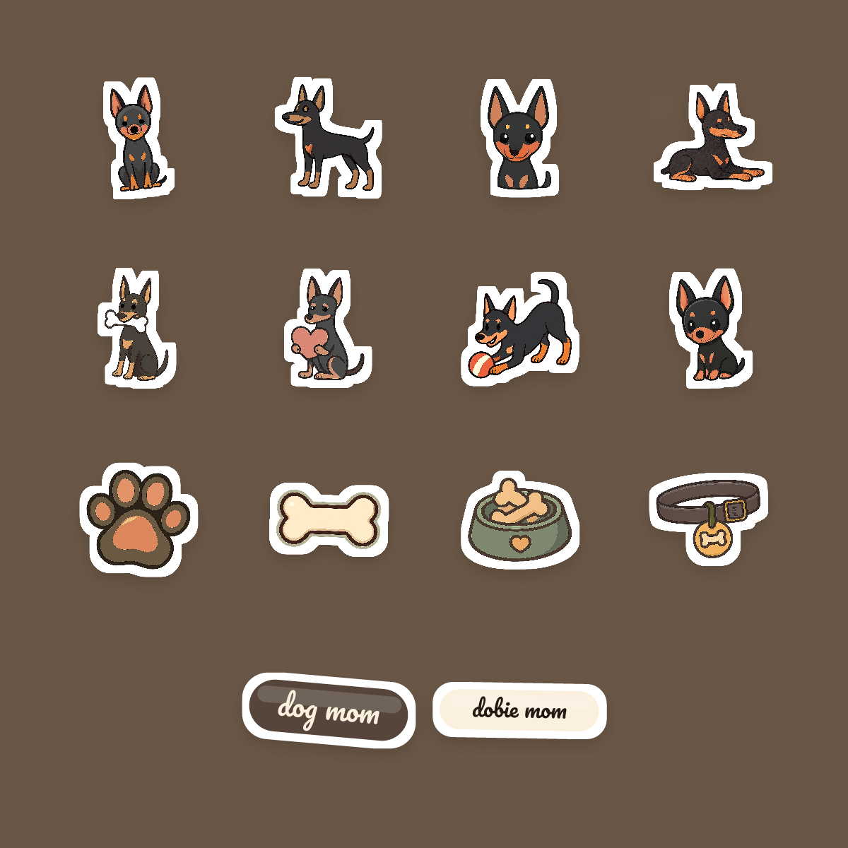 Doberman Kawaii Sticker Pack — Dog Mom Die-Cut Stickers (PNG + SVG, Commercial Use) preview 4