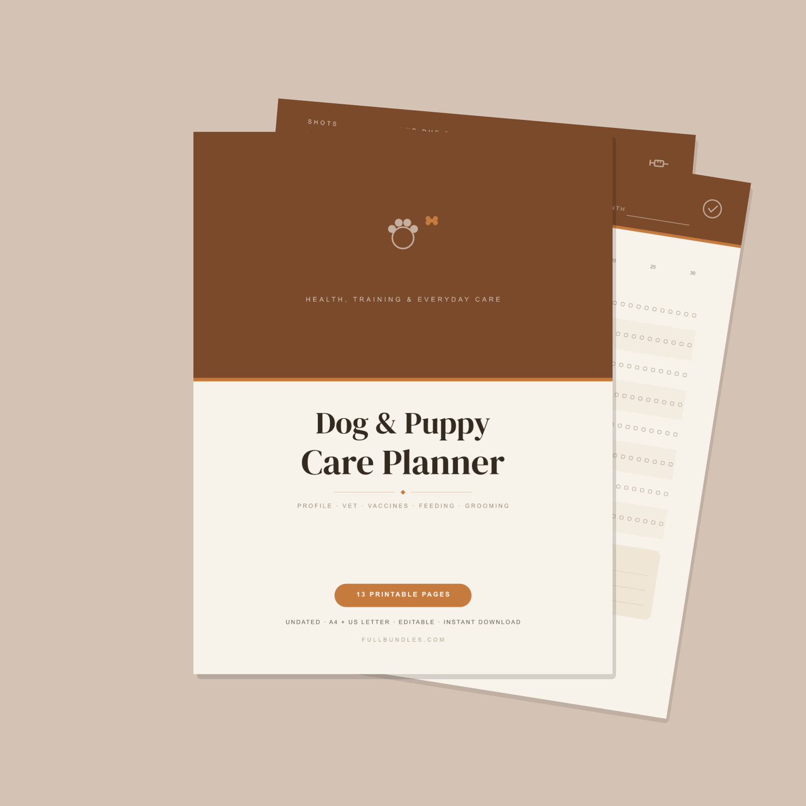 Dog & Puppy Care Planner — 13 Printable Pages (Dog Profile, Vet Log, Vaccination Record, Weight & Feeding Trackers, Walks, Grooming, Training & Dog Budget · A4 + US Letter PDF + SVG)