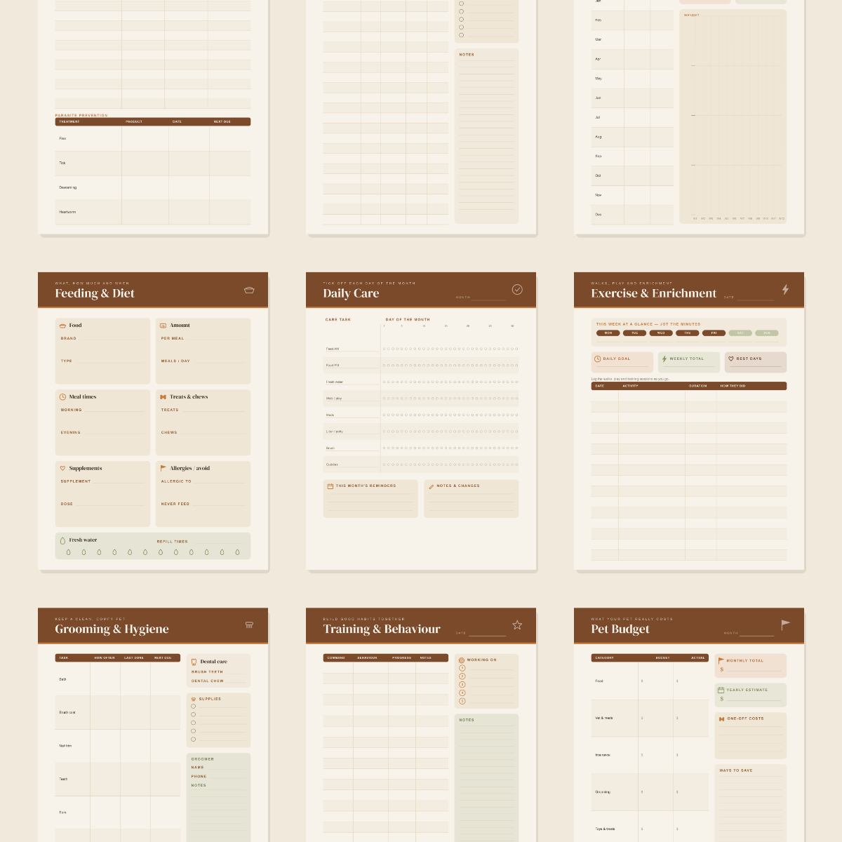 Dog & Puppy Care Planner — 13 Printable Pages (Dog Profile, Vet Log, Vaccination Record, Weight & Feeding Trackers, Walks, Grooming, Training & Dog Budget · A4 + US Letter PDF + SVG) preview 3