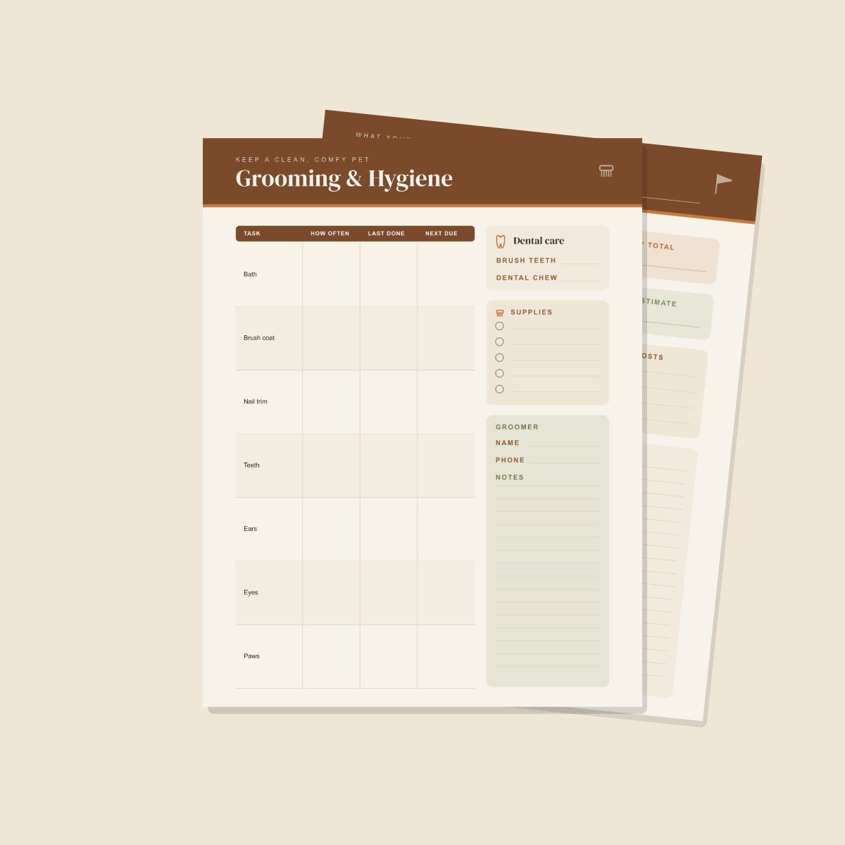 Dog & Puppy Care Planner — 13 Printable Pages (Dog Profile, Vet Log, Vaccination Record, Weight & Feeding Trackers, Walks, Grooming, Training & Dog Budget · A4 + US Letter PDF + SVG) preview 4
