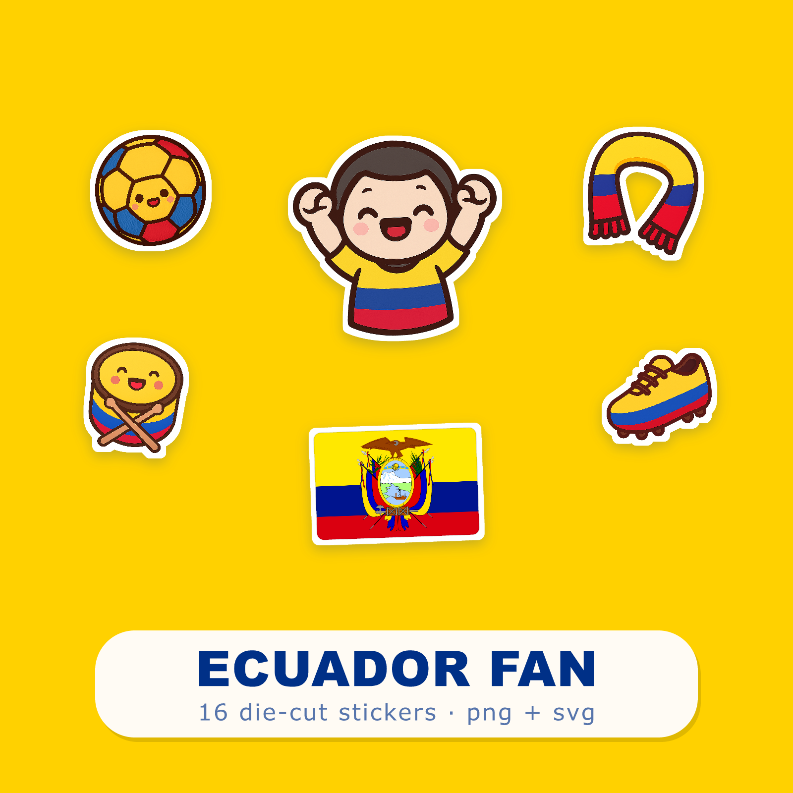 Ecuador Football Fan Sticker Pack — 16 Kawaii Die-Cut Supporter Stickers (PNG + SVG)
