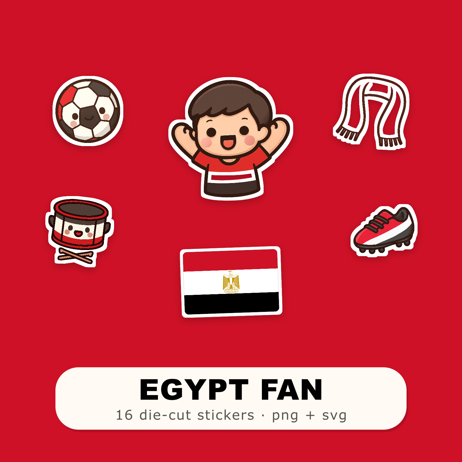 Egypt Football Fan Sticker Pack — 16 Kawaii Die-Cut Supporter Stickers (PNG + SVG)