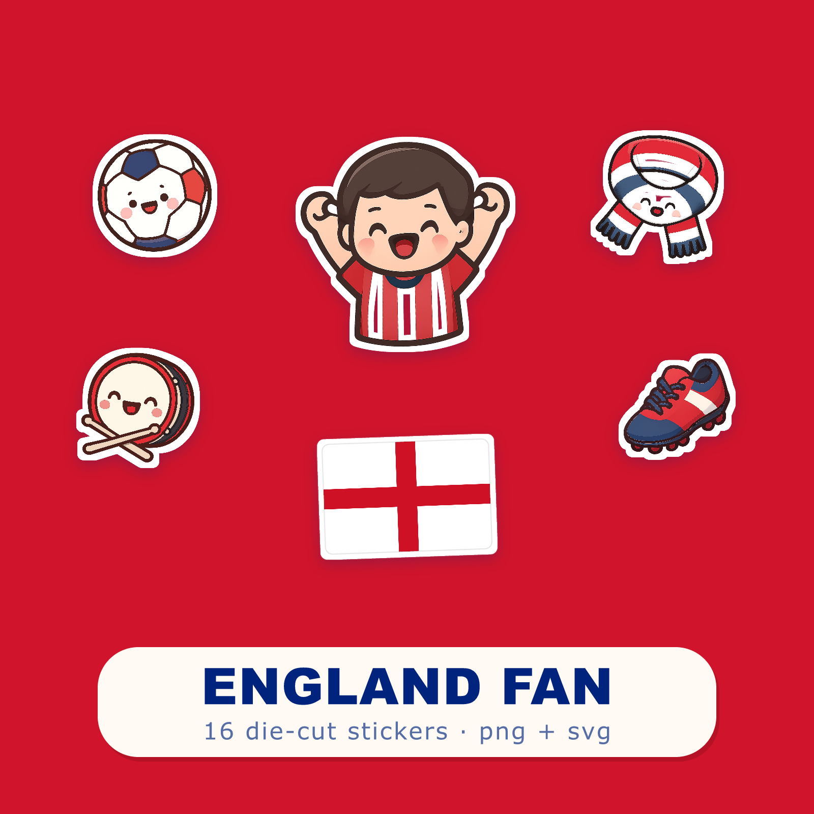 England Football Fan Sticker Pack — 16 Kawaii Die-Cut Supporter Stickers (PNG + SVG)