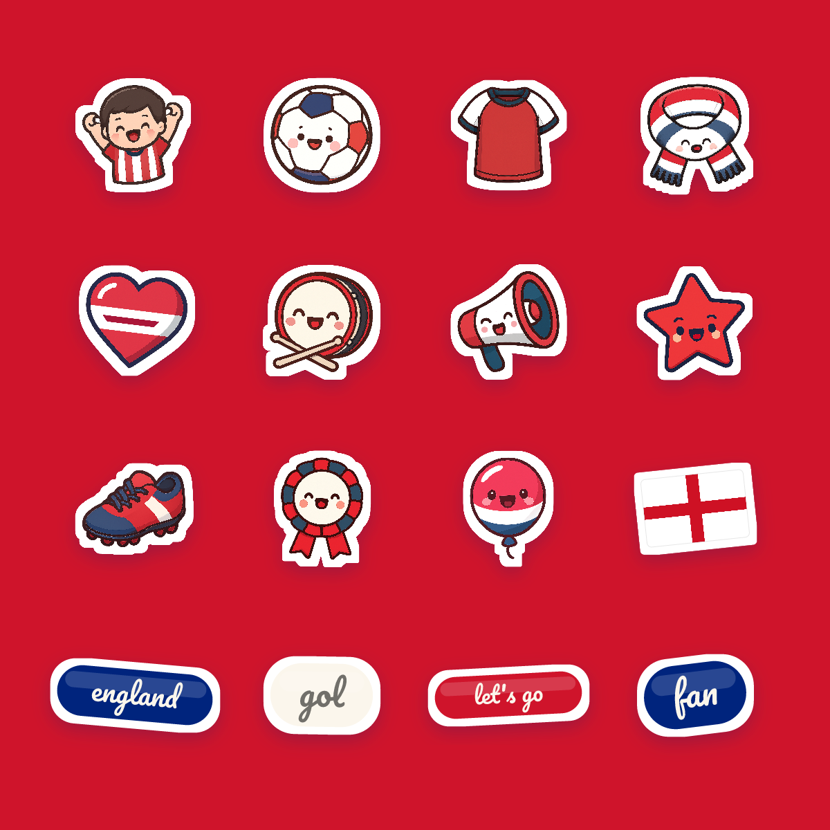England Football Fan Sticker Pack — 16 Kawaii Die-Cut Supporter Stickers (PNG + SVG) preview 4