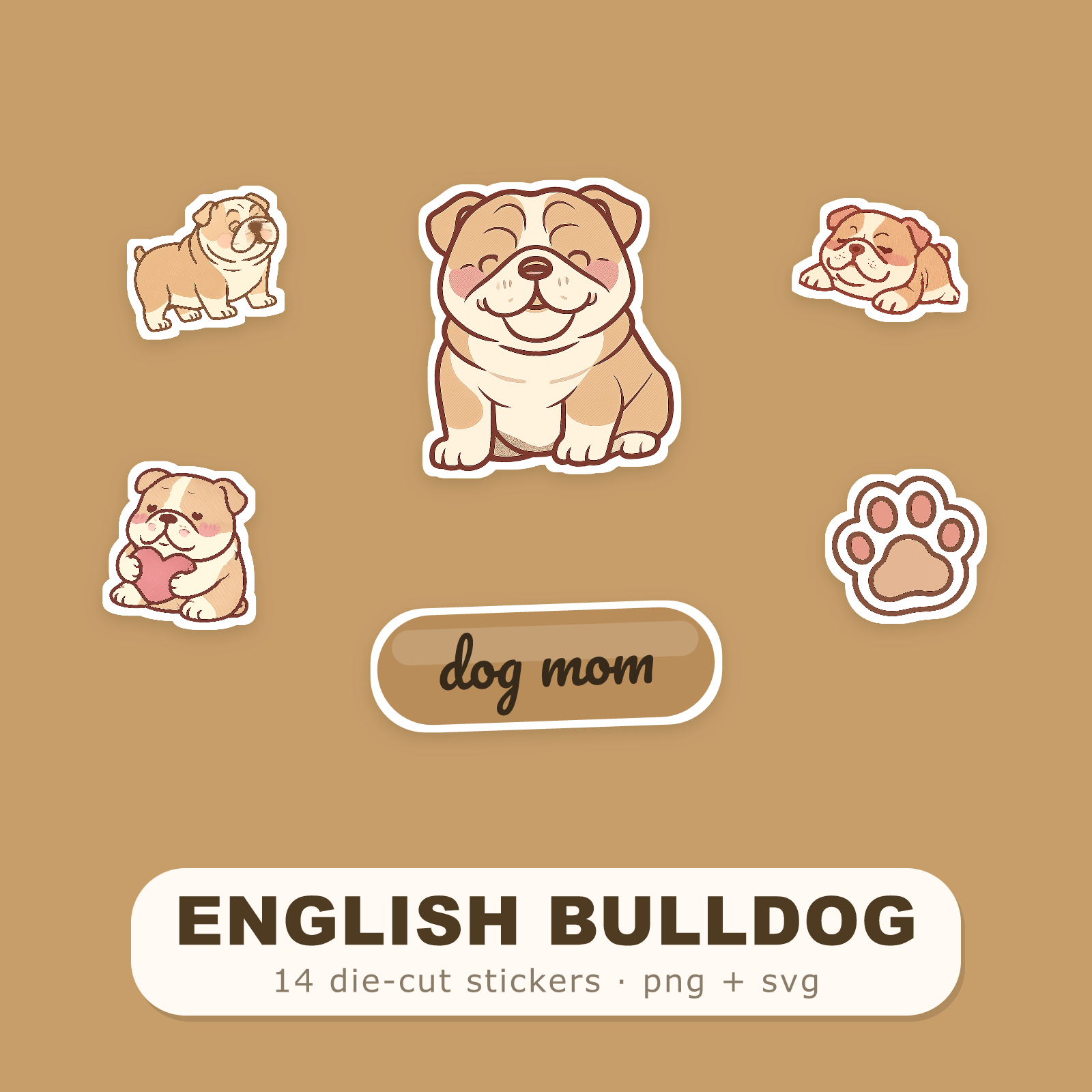 English Bulldog Kawaii Sticker Pack — Dog Mom Die-Cut Stickers (PNG + SVG, Commercial Use)