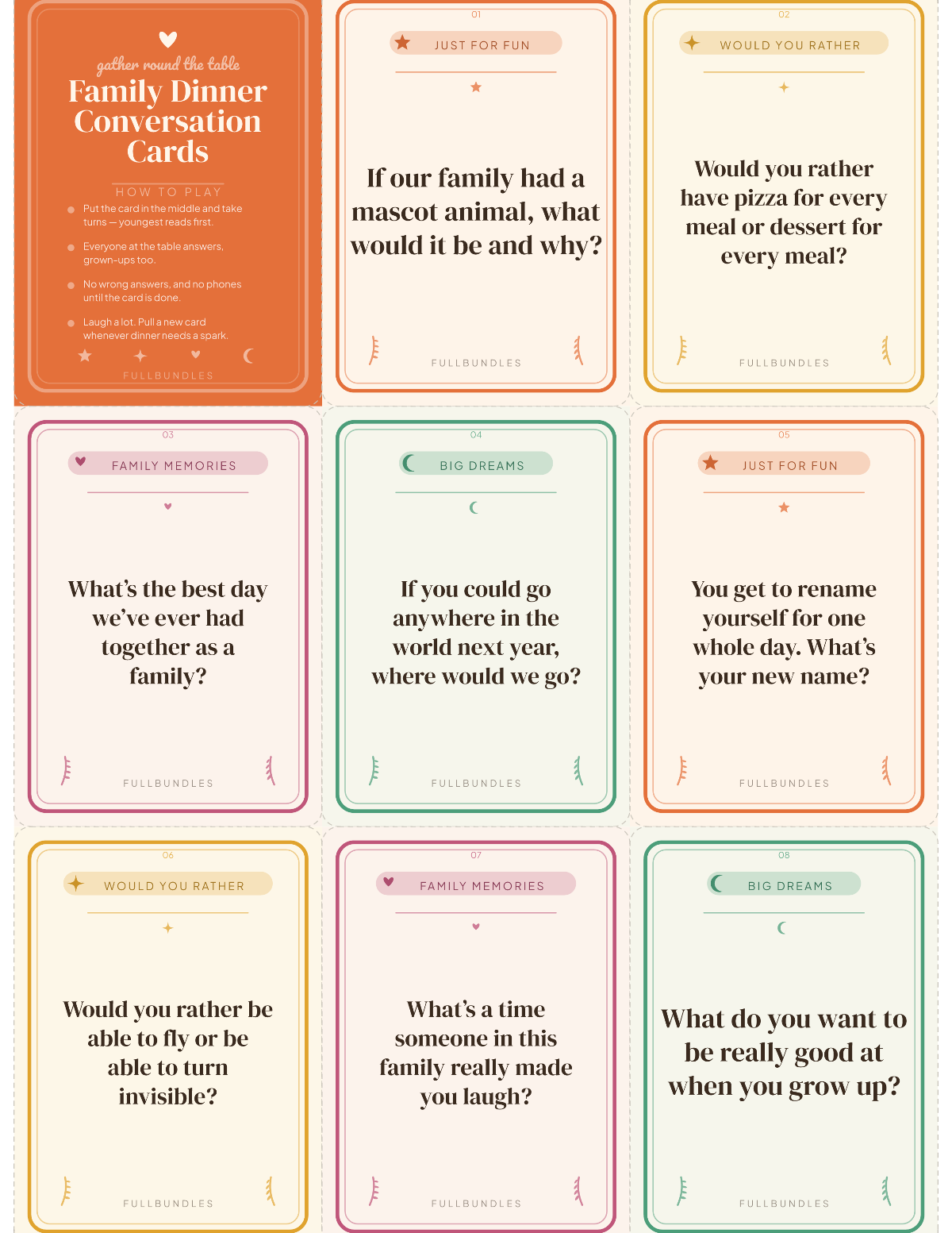 Family Dinner Conversation Cards — 49 Printable Table-Talk Prompts for Families & Kids preview 3