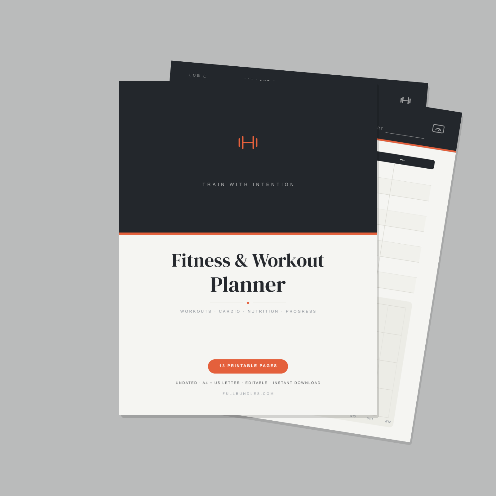 Fitness & Workout Planner — 13 Printable Pages (Workout Log, Weekly Split, Cardio, Nutrition, Measurements + Progress · A4 + US Letter PDF + SVG)