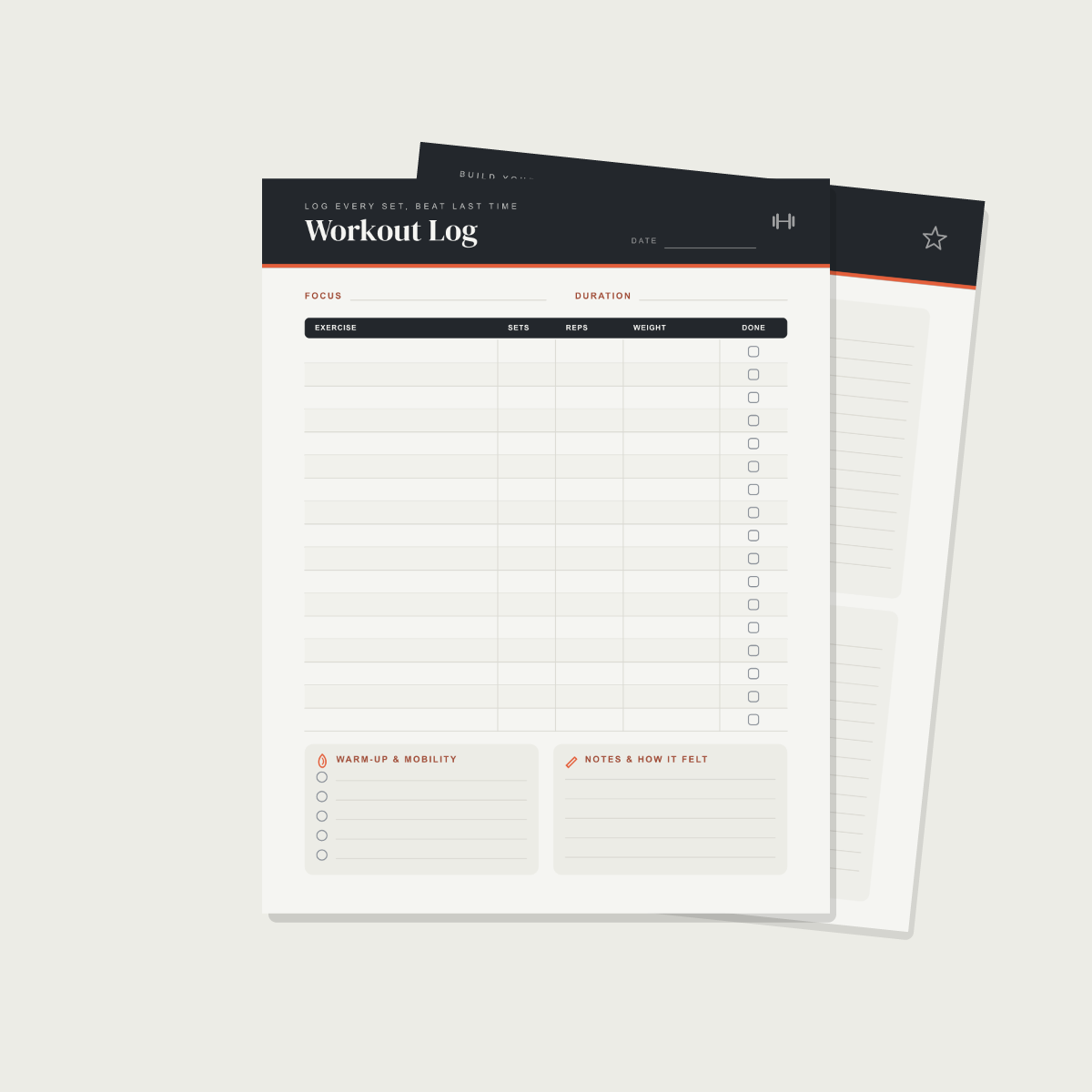Fitness & Workout Planner — 13 Printable Pages (Workout Log, Weekly Split, Cardio, Nutrition, Measurements + Progress · A4 + US Letter PDF + SVG) preview 2