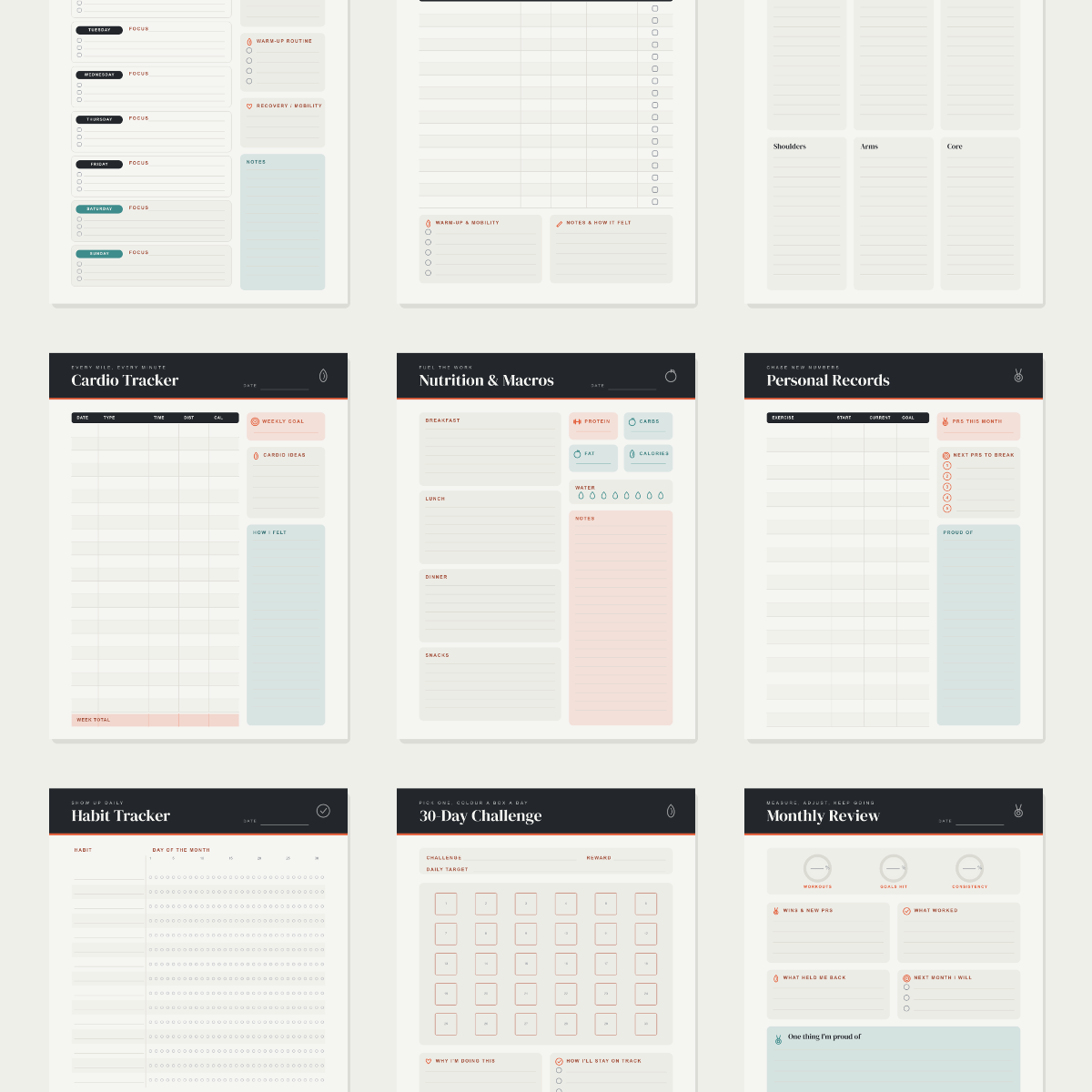 Fitness & Workout Planner — 13 Printable Pages (Workout Log, Weekly Split, Cardio, Nutrition, Measurements + Progress · A4 + US Letter PDF + SVG) preview 3