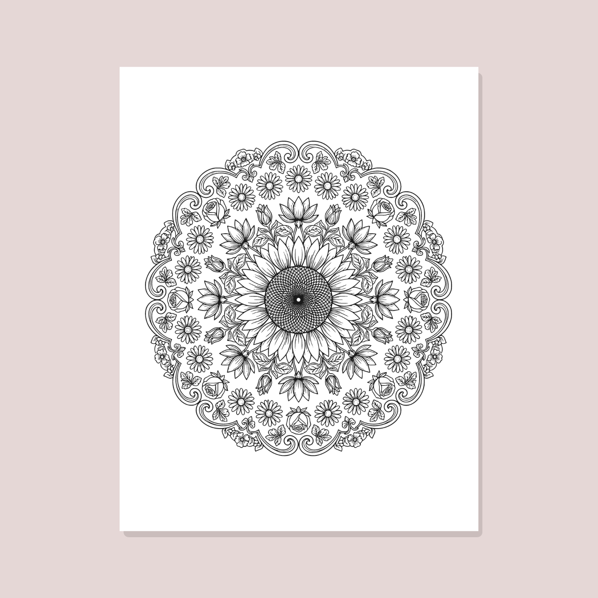Floral Mandala Coloring Pages — 10 Printable Adult Coloring Sheets (Roses, Lotus, Peony & More) preview 4