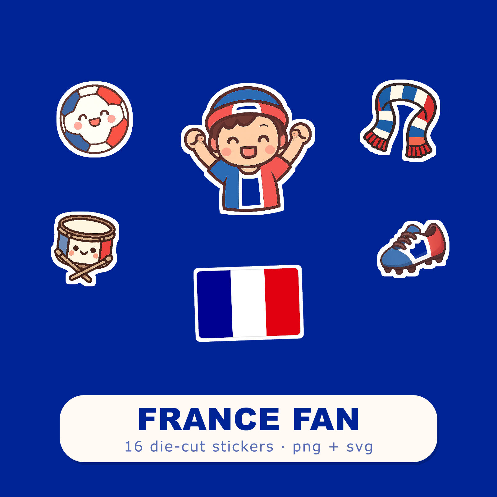 France Football Fan Sticker Pack — 16 Kawaii Die-Cut Supporter Stickers (PNG + SVG)