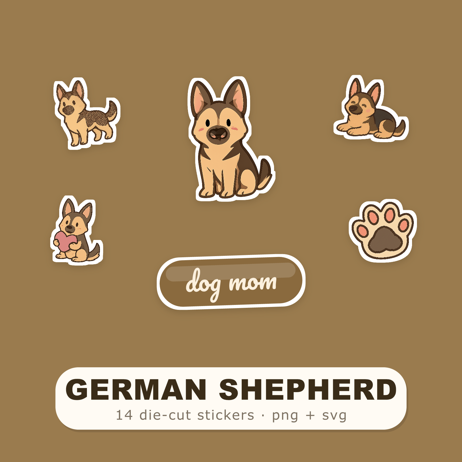 German Shepherd Kawaii Sticker Pack — Dog Mom Die-Cut Stickers (PNG + SVG, Commercial Use)