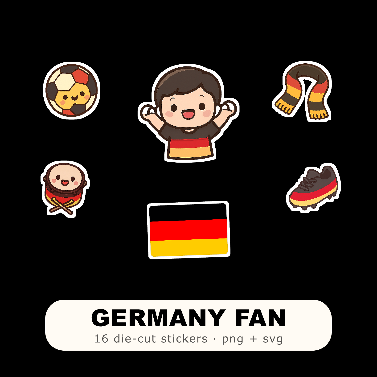 Germany Football Fan Sticker Pack — 16 Kawaii Die-Cut Supporter Stickers (PNG + SVG)