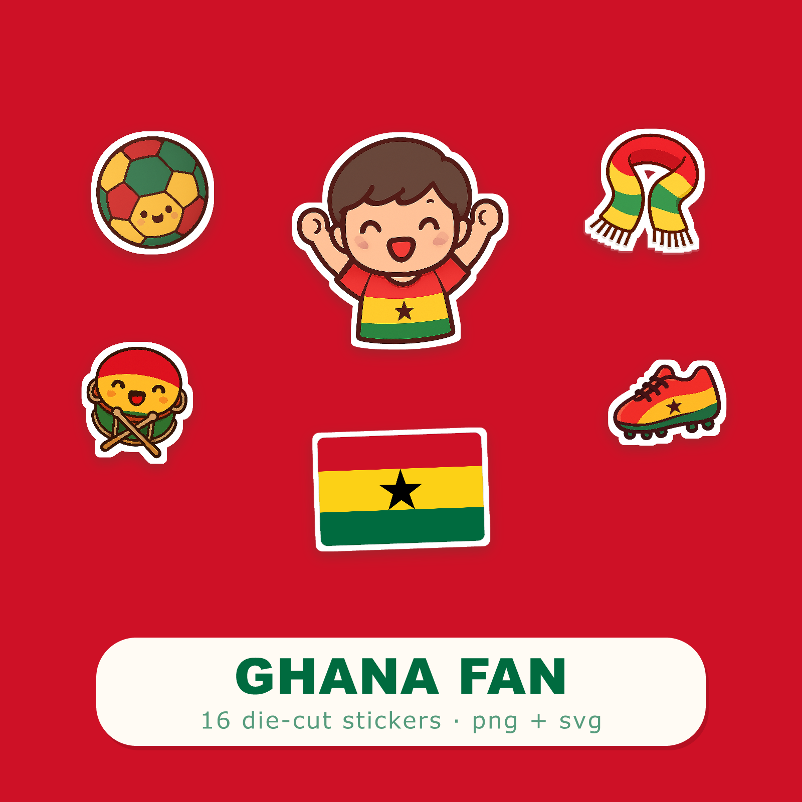 Ghana Football Fan Sticker Pack — 16 Kawaii Die-Cut Supporter Stickers (PNG + SVG)