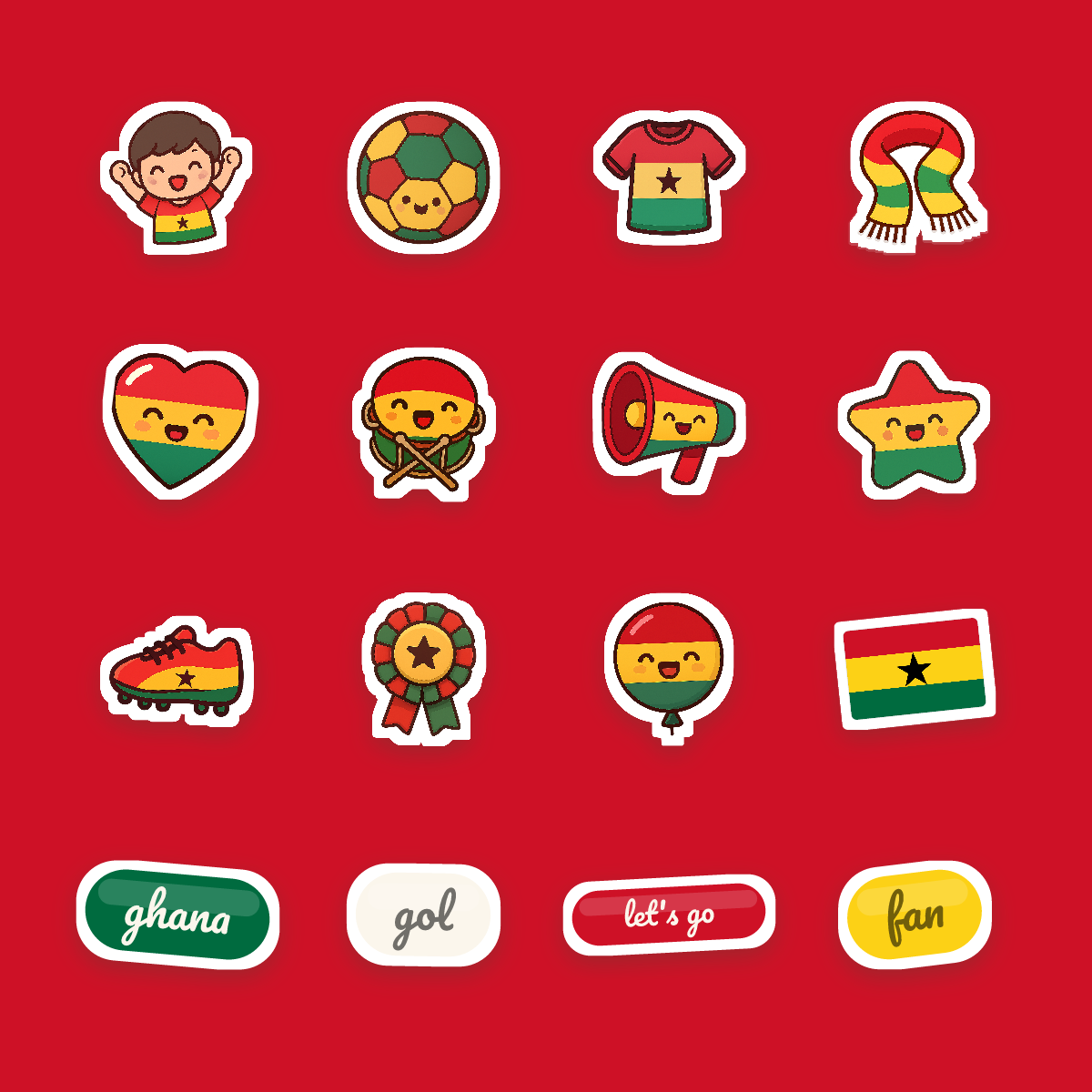 Ghana Football Fan Sticker Pack — 16 Kawaii Die-Cut Supporter Stickers (PNG + SVG) preview 4