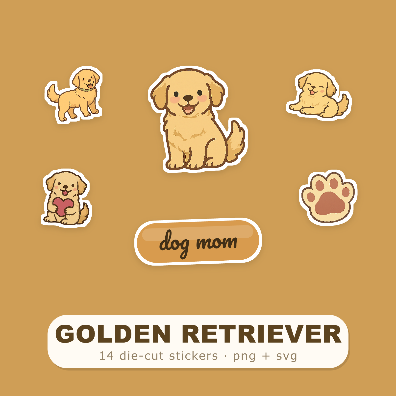 Golden Retriever Kawaii Sticker Pack — Dog Mom Die-Cut Stickers (PNG + SVG, Commercial Use)