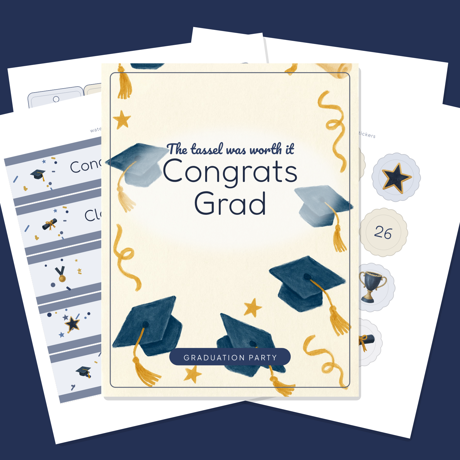 Graduation Party Printables Set — Cupcake Toppers, Favor Tags, Labels & Welcome Sign (Printable PDF + SVG)