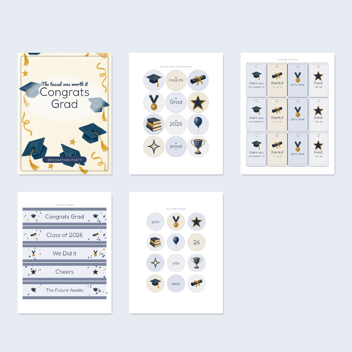 Graduation Party Printables Set — Cupcake Toppers, Favor Tags, Labels & Welcome Sign (Printable PDF + SVG) preview 3