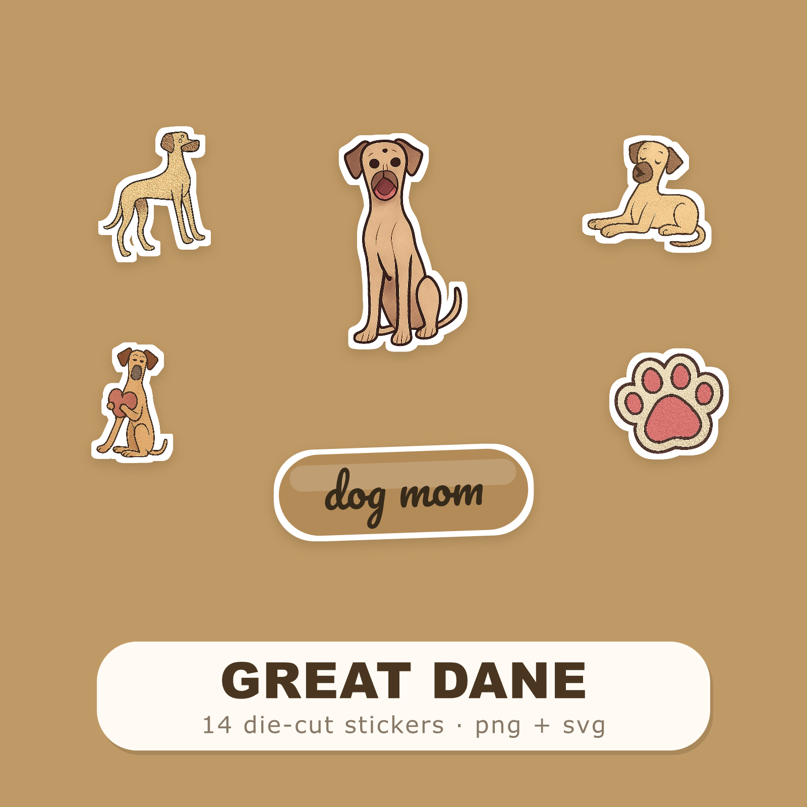Great Dane Kawaii Sticker Pack — Dog Mom Die-Cut Stickers (PNG + SVG, Commercial Use)