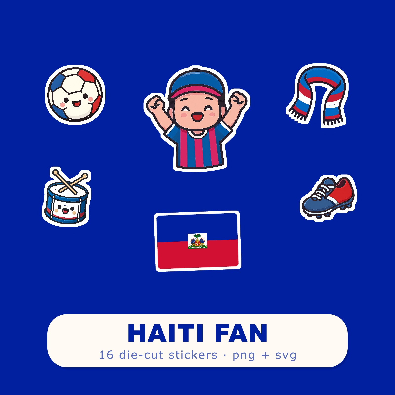 Haiti Football Fan Sticker Pack — 16 Kawaii Die-Cut Supporter Stickers (PNG + SVG)