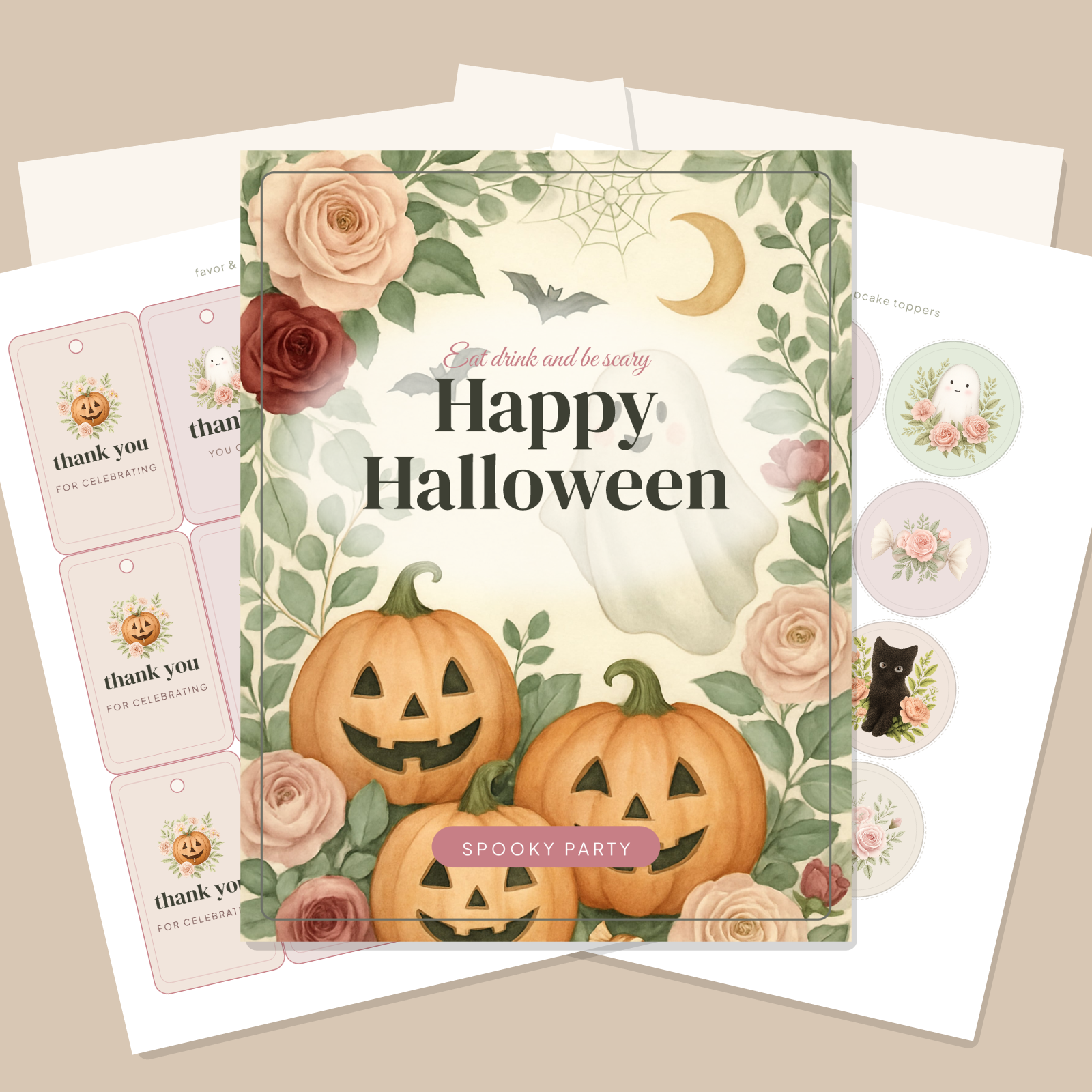 Halloween Party Printables — Botanical Floral (Invitation, Banner, Cupcake Toppers, Tags, Labels & Welcome Sign) — Printable PDF + SVG