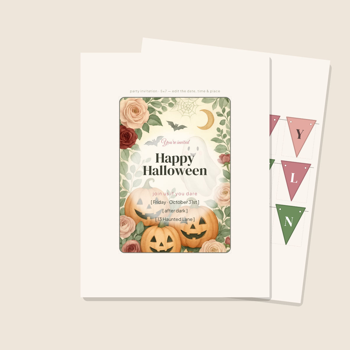 Halloween Party Printables — Botanical Floral (Invitation, Banner, Cupcake Toppers, Tags, Labels & Welcome Sign) — Printable PDF + SVG preview 2