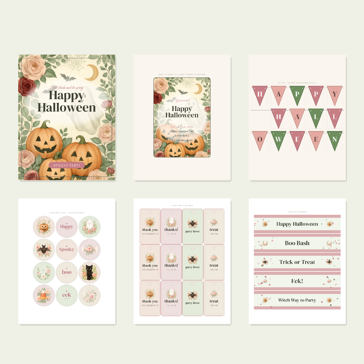 Halloween Party Printables — Botanical Floral (Invitation, Banner, Cupcake Toppers, Tags, Labels & Welcome Sign) — Printable PDF + SVG preview 3