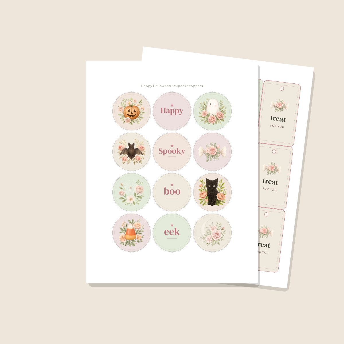 Halloween Party Printables — Botanical Floral (Invitation, Banner, Cupcake Toppers, Tags, Labels & Welcome Sign) — Printable PDF + SVG preview 4
