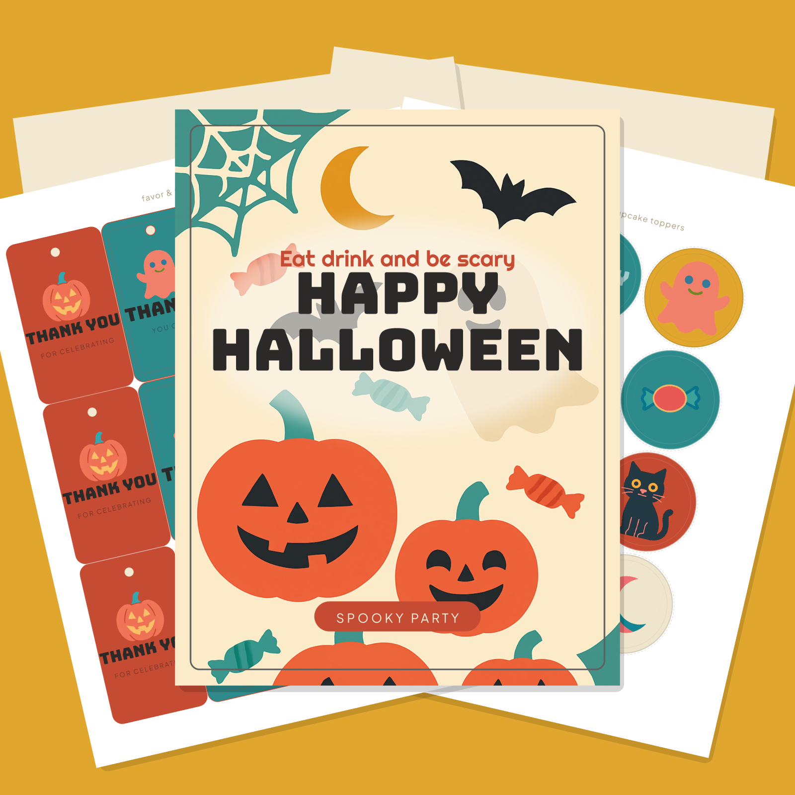 Halloween Party Printables — Bold Retro Flat (Invitation, Banner, Cupcake Toppers, Tags, Labels & Welcome Sign) — Printable PDF + SVG