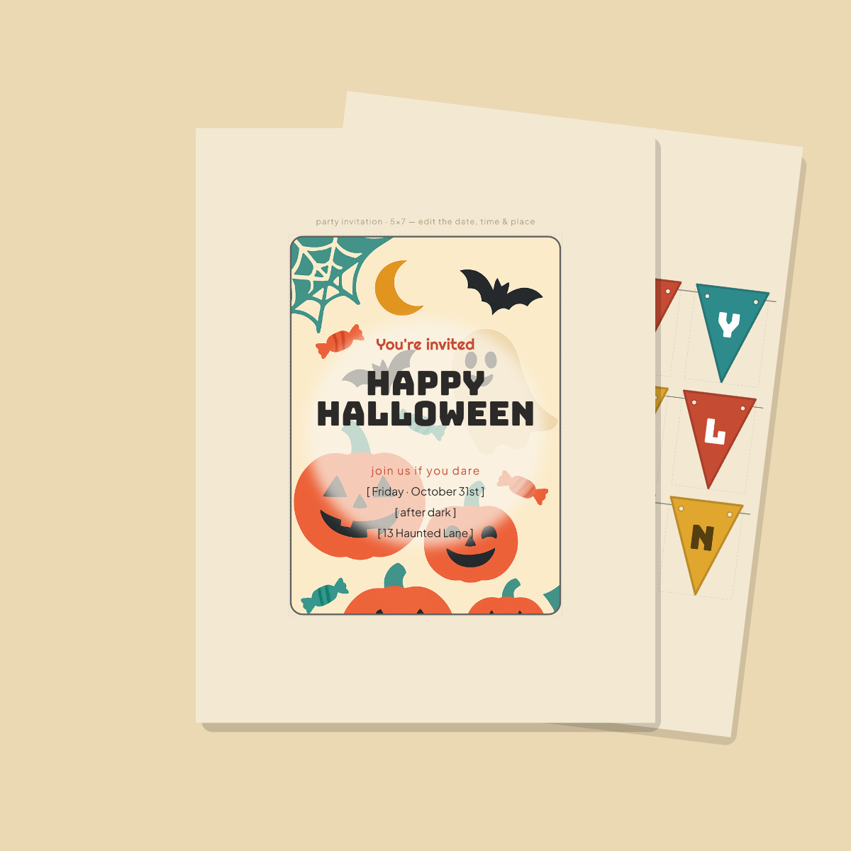 Halloween Party Printables — Bold Retro Flat (Invitation, Banner, Cupcake Toppers, Tags, Labels & Welcome Sign) — Printable PDF + SVG preview 2
