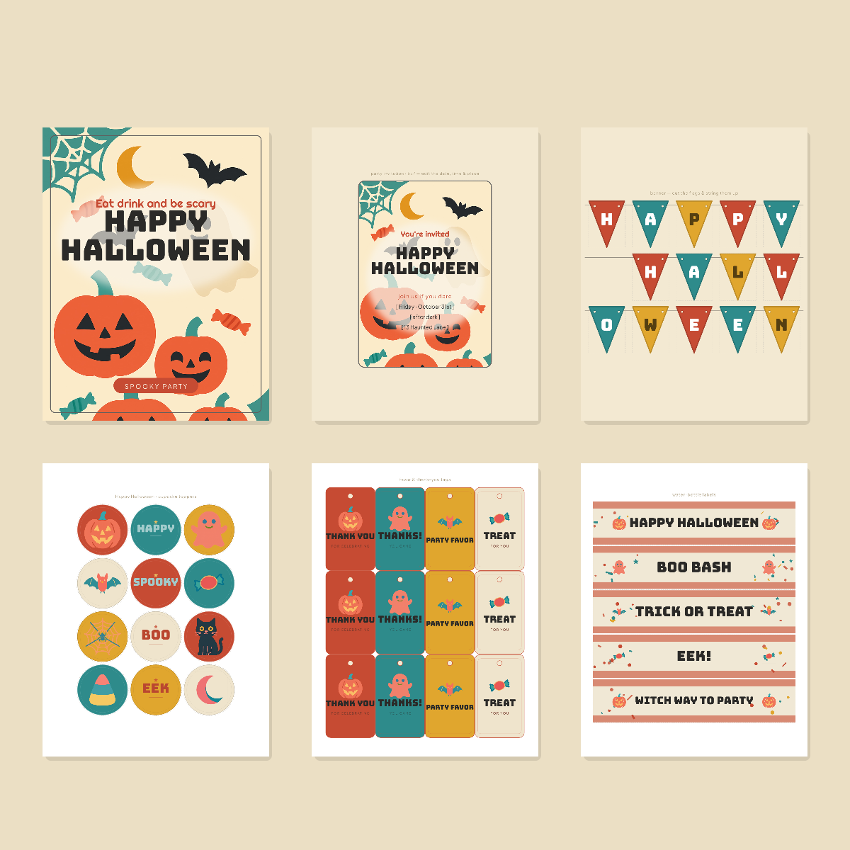 Halloween Party Printables — Bold Retro Flat (Invitation, Banner, Cupcake Toppers, Tags, Labels & Welcome Sign) — Printable PDF + SVG preview 3