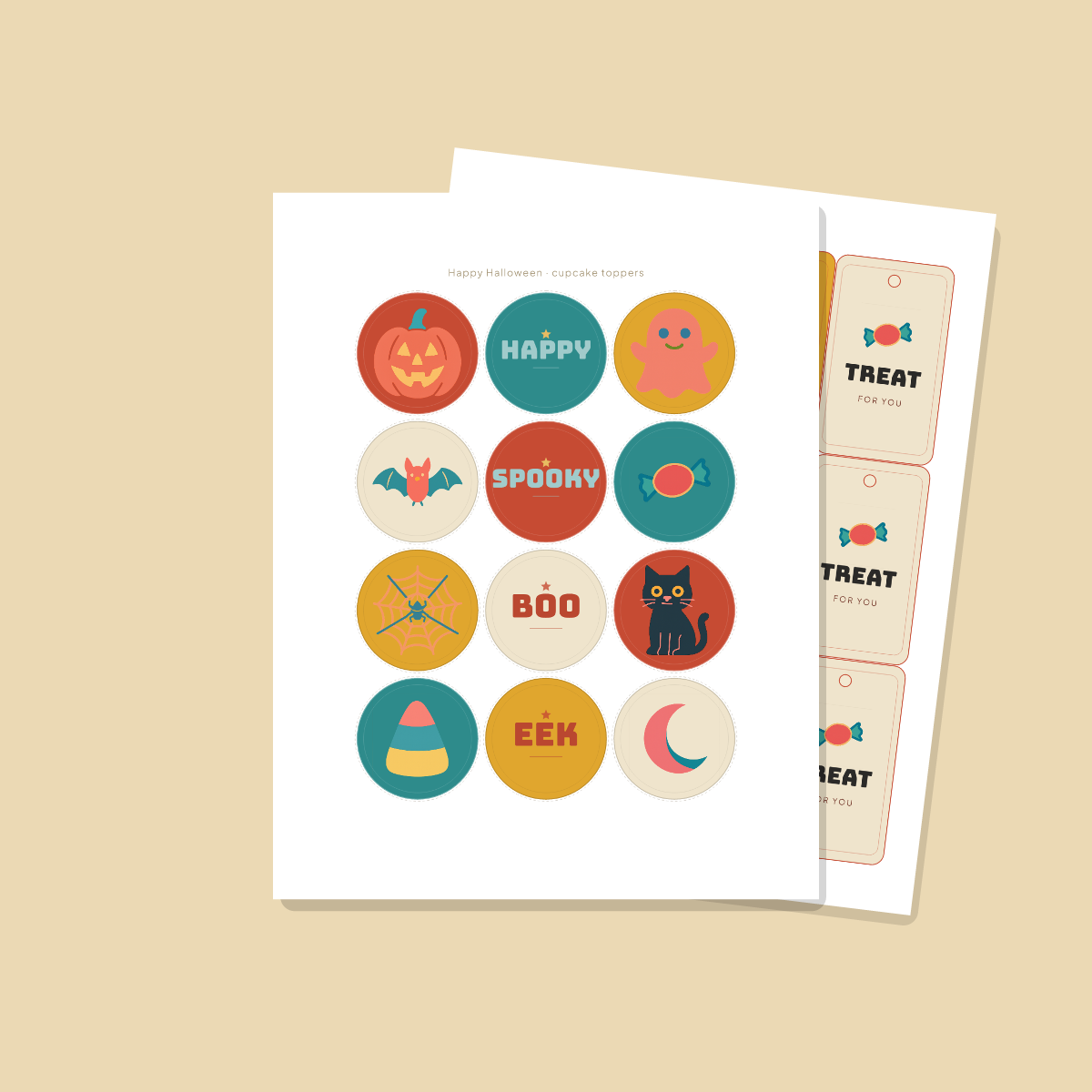 Halloween Party Printables — Bold Retro Flat (Invitation, Banner, Cupcake Toppers, Tags, Labels & Welcome Sign) — Printable PDF + SVG preview 4