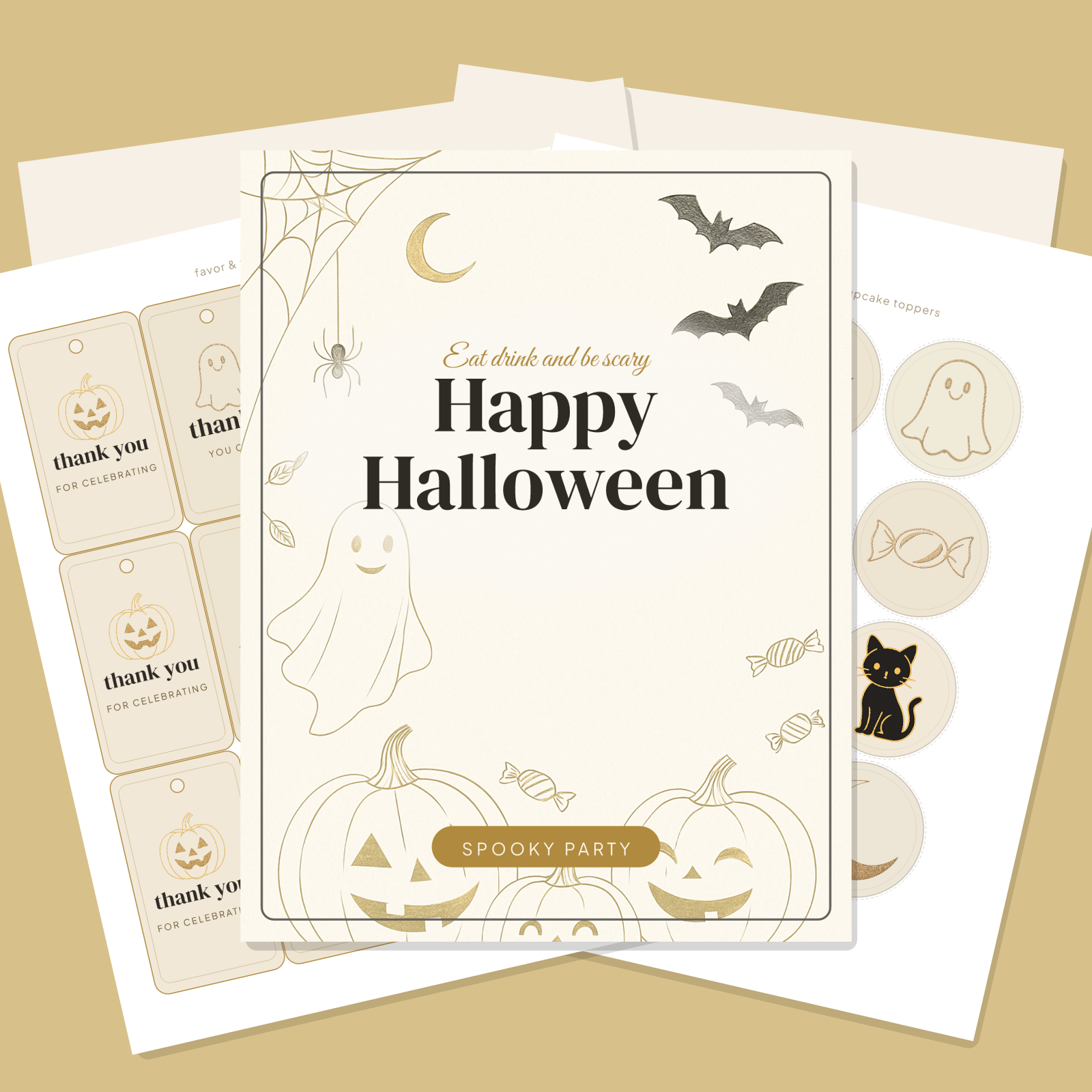 Halloween Party Printables — Elegant Gold (Invitation, Banner, Cupcake Toppers, Tags, Labels & Welcome Sign) — Printable PDF + SVG
