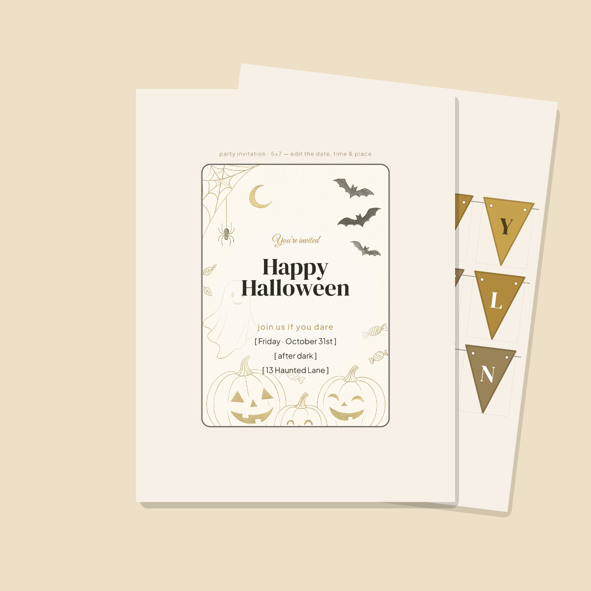 Halloween Party Printables — Elegant Gold (Invitation, Banner, Cupcake Toppers, Tags, Labels & Welcome Sign) — Printable PDF + SVG preview 2