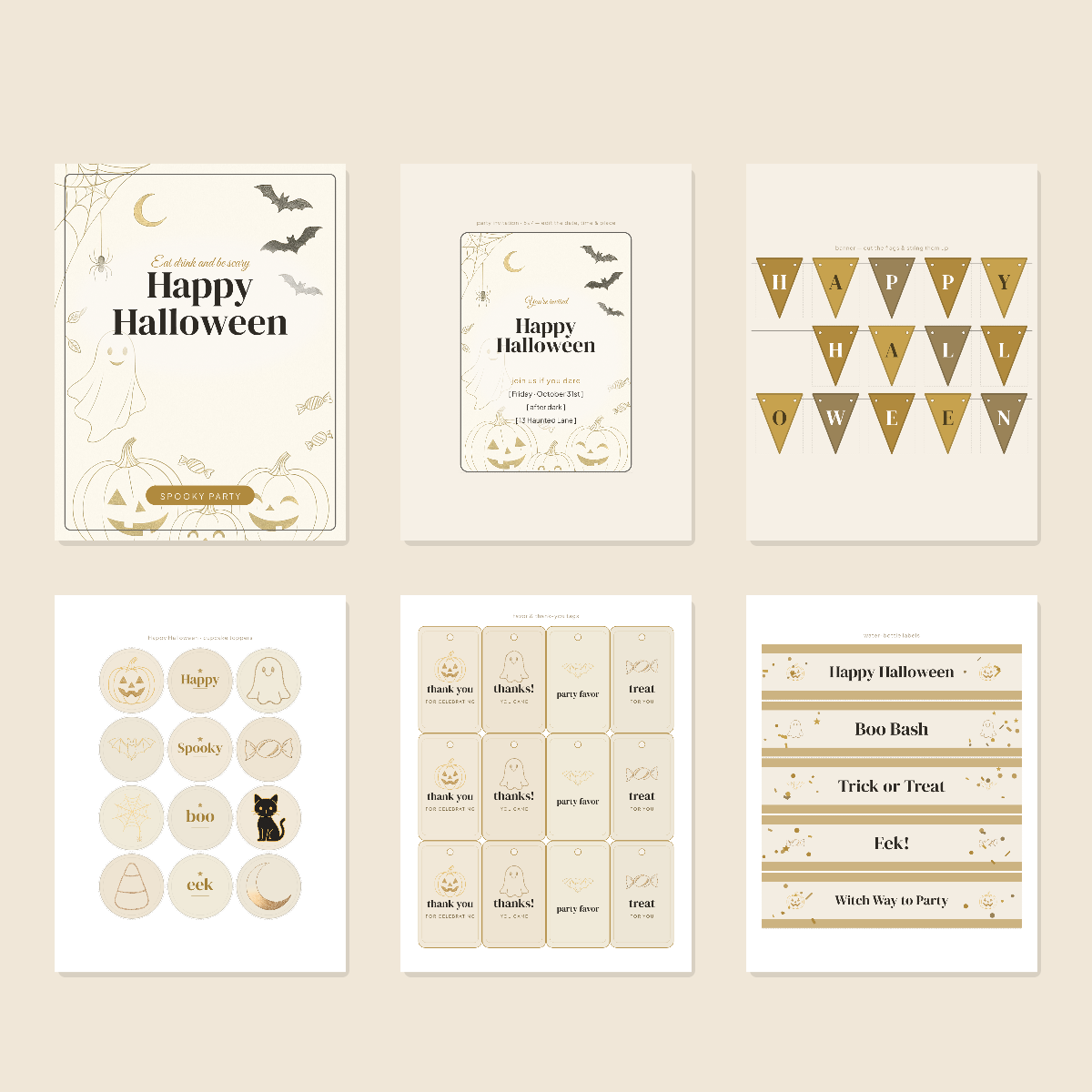 Halloween Party Printables — Elegant Gold (Invitation, Banner, Cupcake Toppers, Tags, Labels & Welcome Sign) — Printable PDF + SVG preview 3