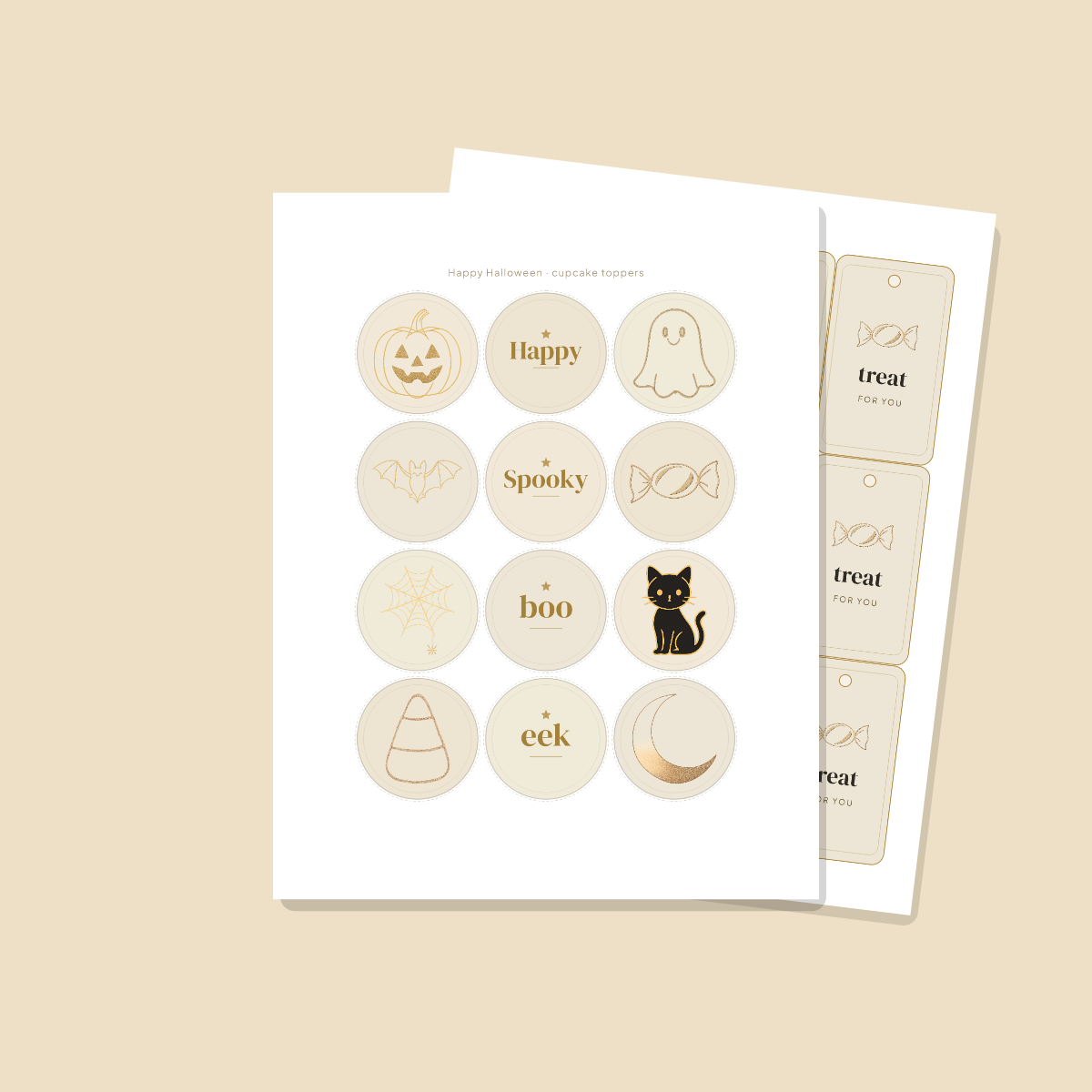 Halloween Party Printables — Elegant Gold (Invitation, Banner, Cupcake Toppers, Tags, Labels & Welcome Sign) — Printable PDF + SVG preview 4