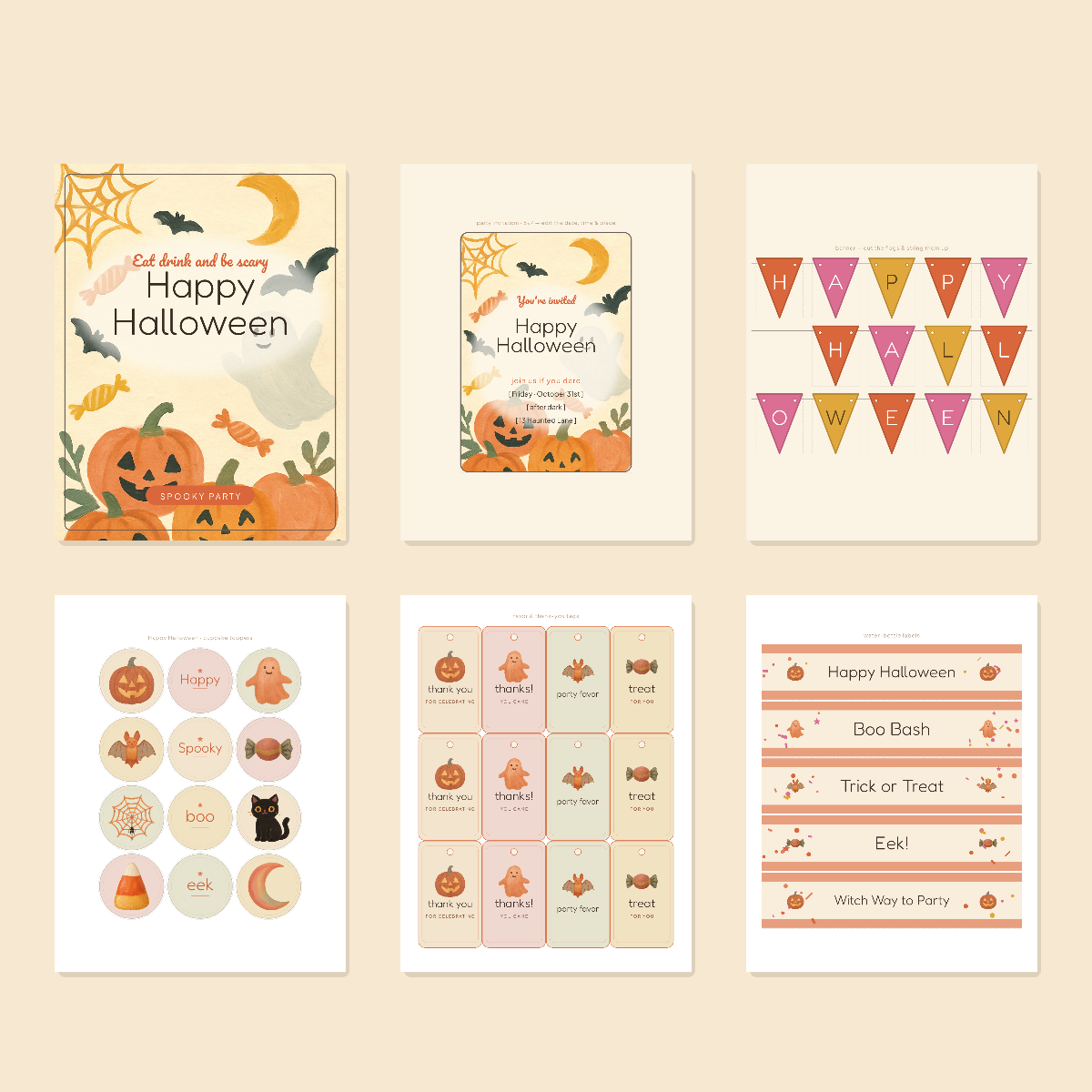 Halloween Party Printables — Hand-Painted Gouache (Invitation, Banner, Cupcake Toppers, Tags, Labels & Welcome Sign) — Printable PDF + SVG preview 3
