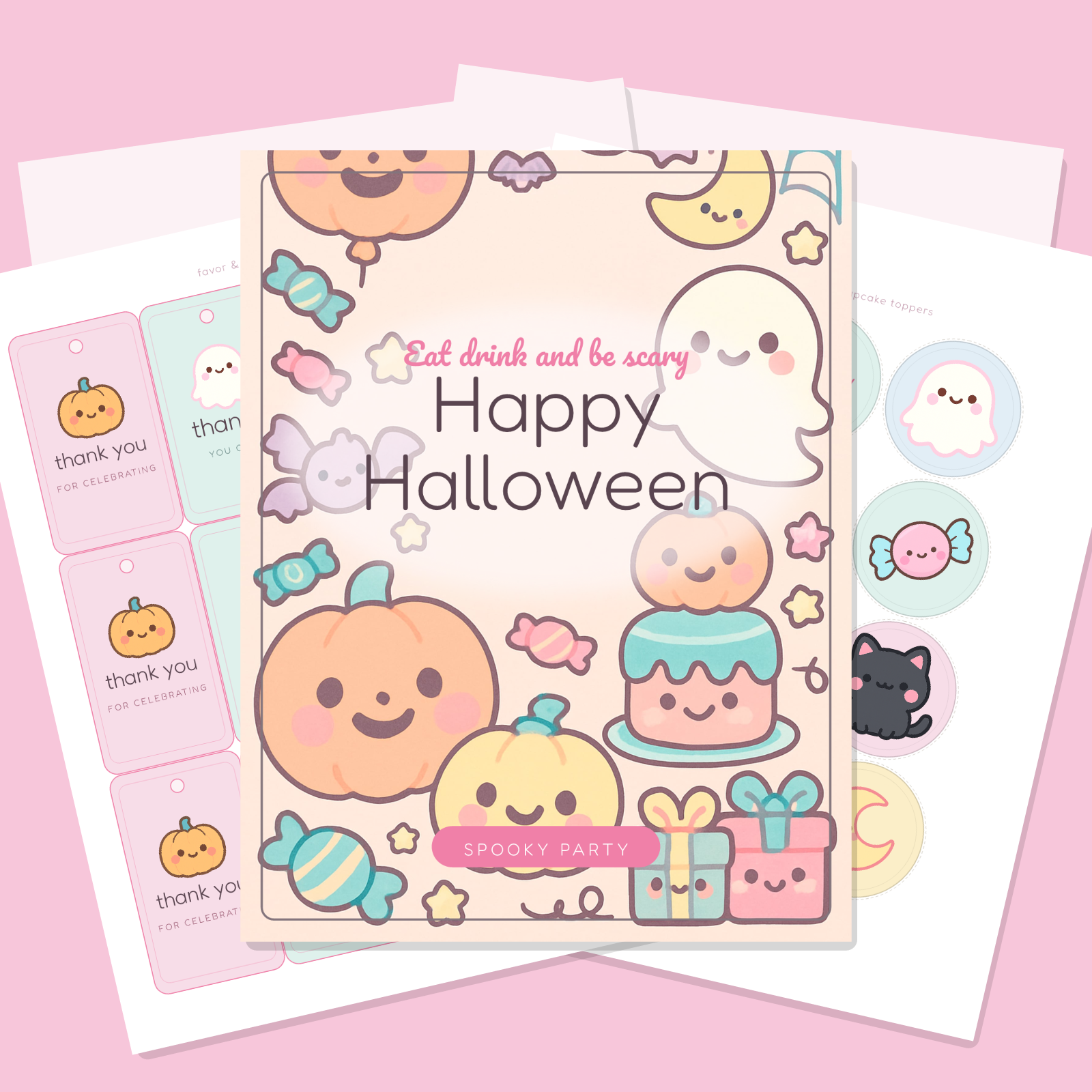 Halloween Party Printables — Cute Kawaii (Invitation, Banner, Cupcake Toppers, Tags, Labels & Welcome Sign) — Printable PDF + SVG