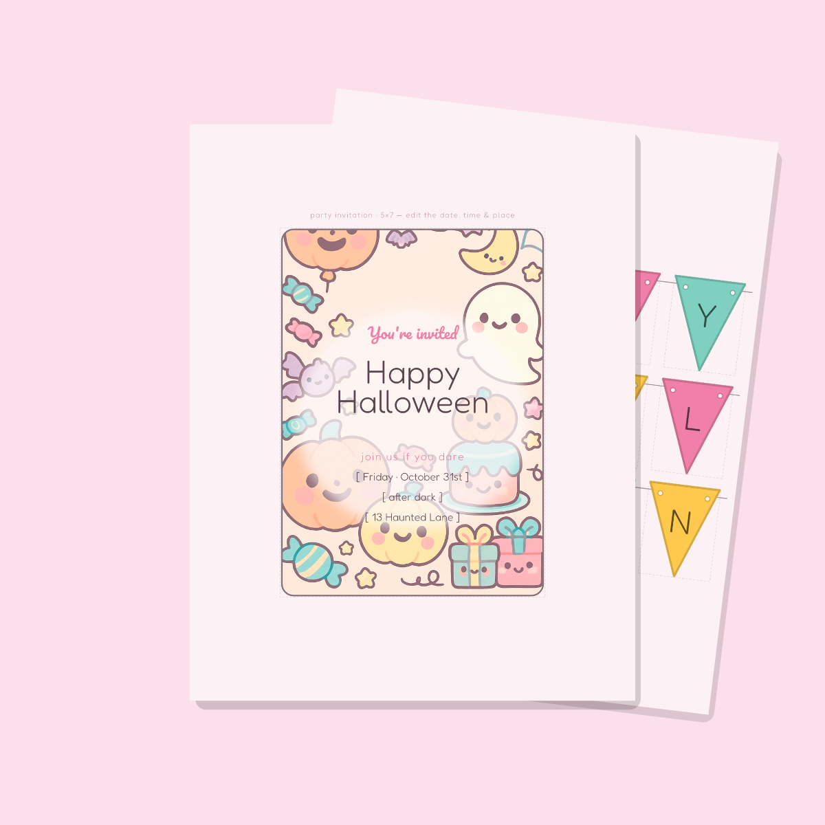 Halloween Party Printables — Cute Kawaii (Invitation, Banner, Cupcake Toppers, Tags, Labels & Welcome Sign) — Printable PDF + SVG preview 2