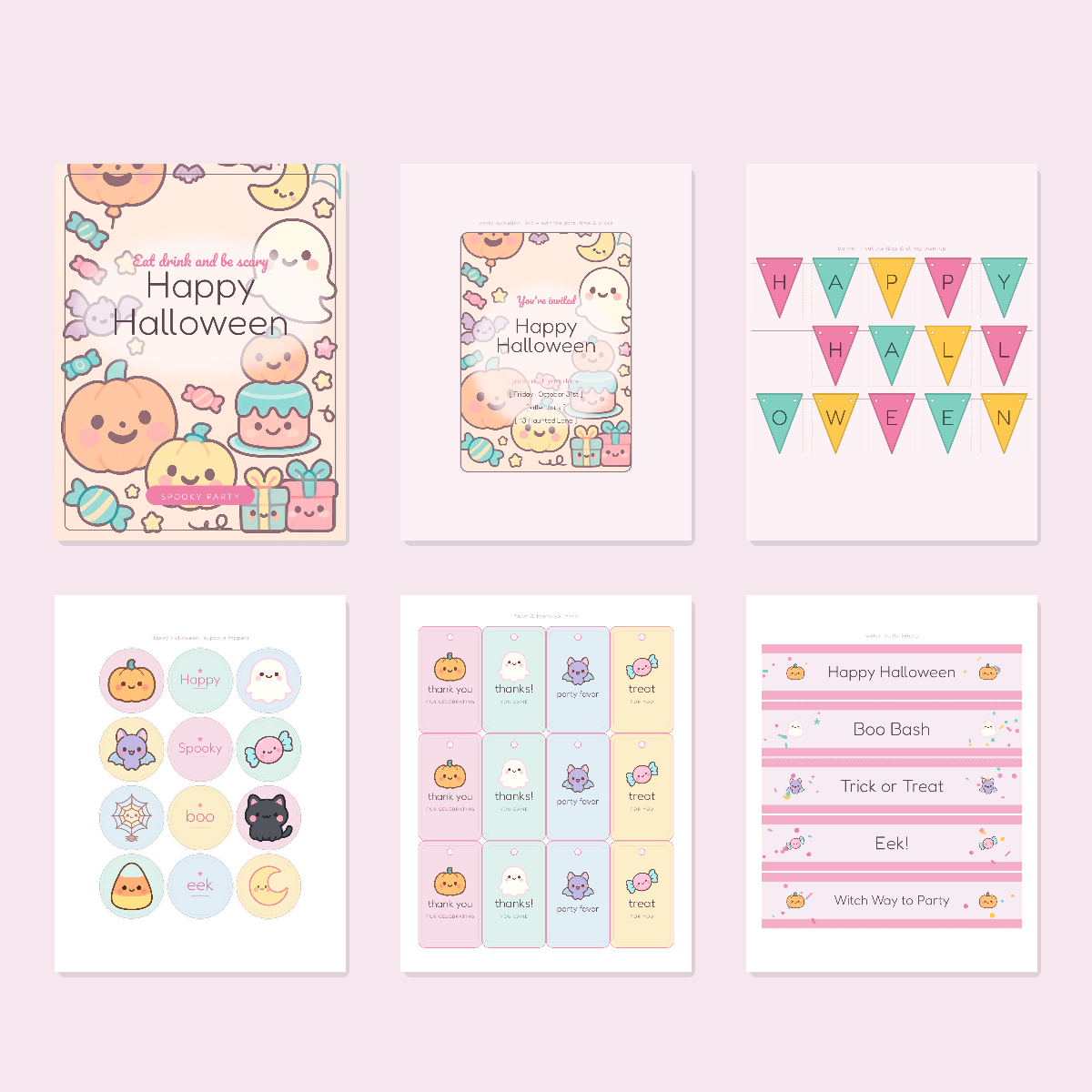 Halloween Party Printables — Cute Kawaii (Invitation, Banner, Cupcake Toppers, Tags, Labels & Welcome Sign) — Printable PDF + SVG preview 3