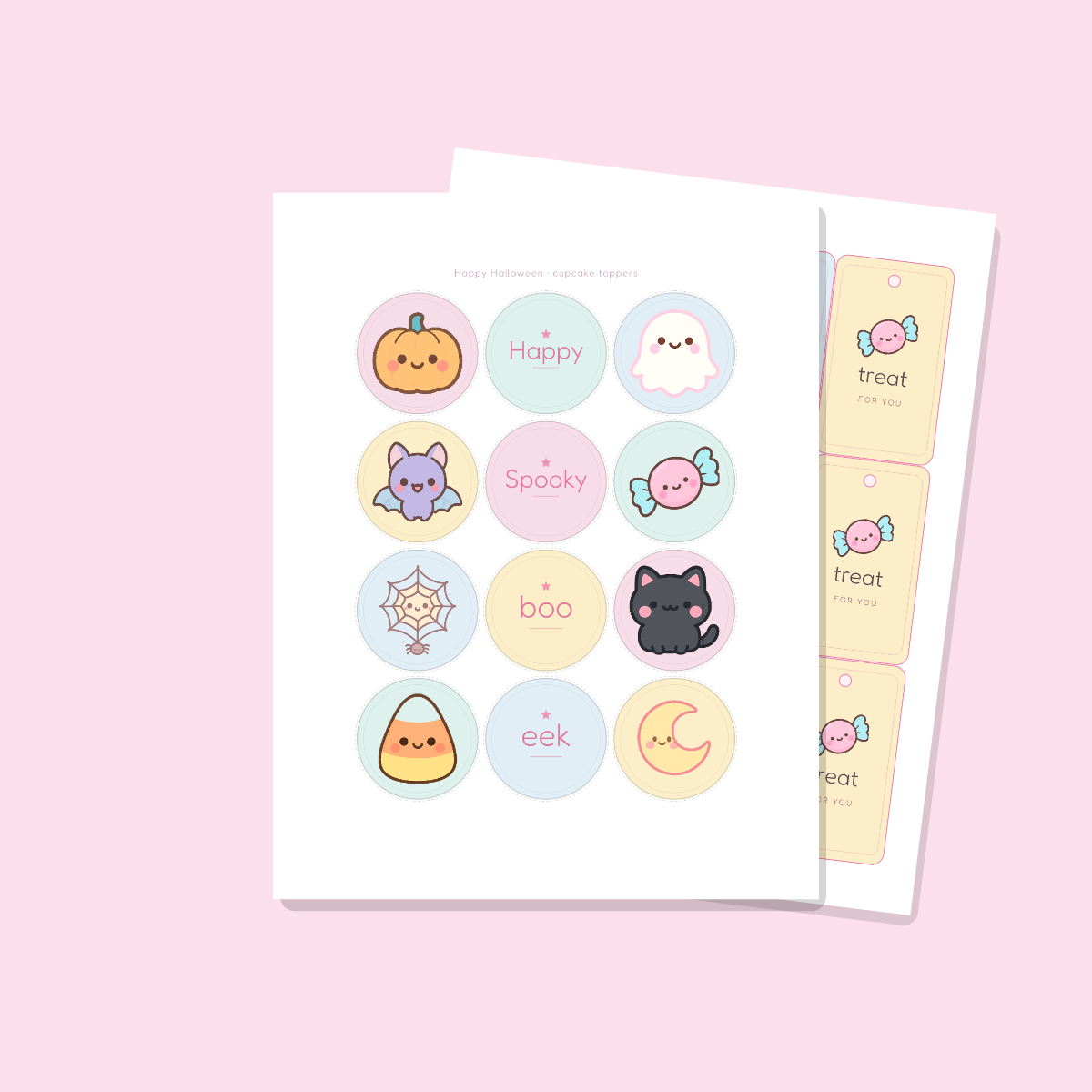 Halloween Party Printables — Cute Kawaii (Invitation, Banner, Cupcake Toppers, Tags, Labels & Welcome Sign) — Printable PDF + SVG preview 4