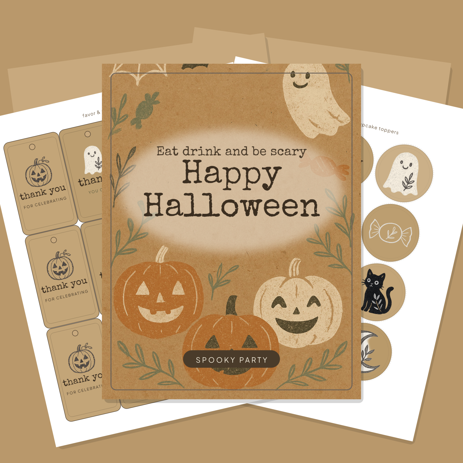 Halloween Party Printables — Rustic Kraft (Invitation, Banner, Cupcake Toppers, Tags, Labels & Welcome Sign) — Printable PDF + SVG