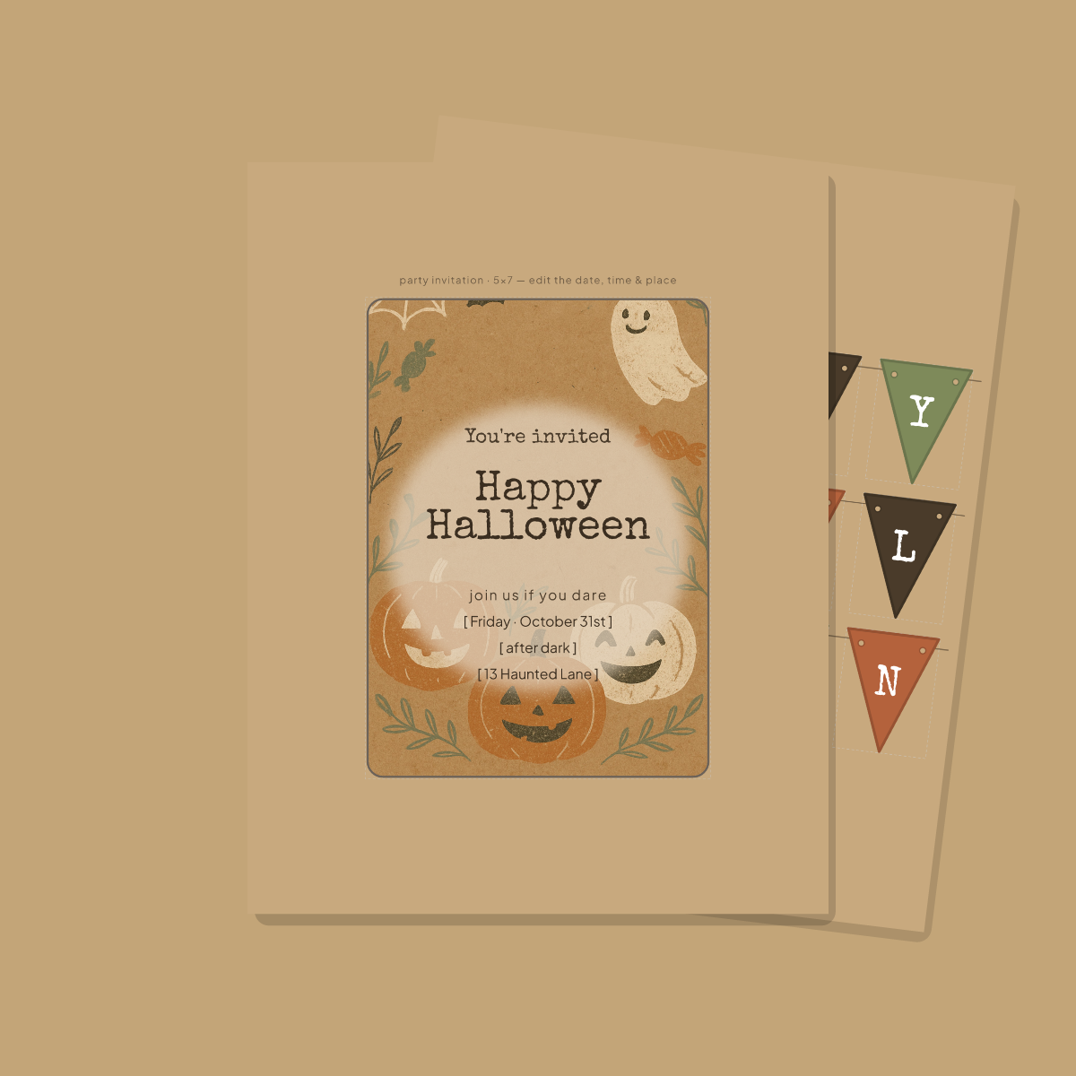 Halloween Party Printables — Rustic Kraft (Invitation, Banner, Cupcake Toppers, Tags, Labels & Welcome Sign) — Printable PDF + SVG preview 2