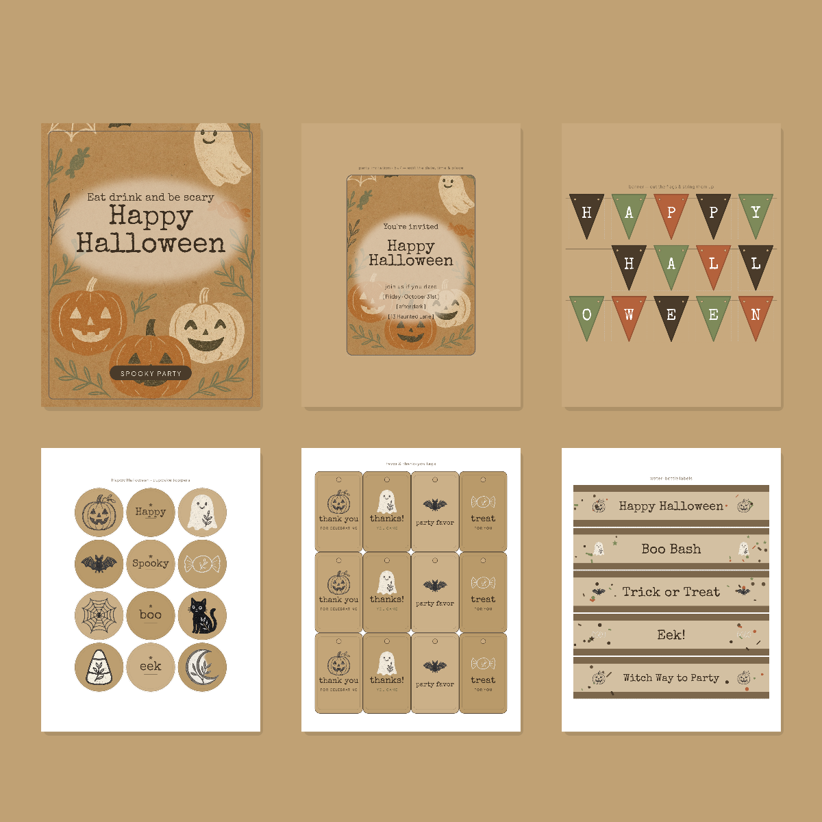 Halloween Party Printables — Rustic Kraft (Invitation, Banner, Cupcake Toppers, Tags, Labels & Welcome Sign) — Printable PDF + SVG preview 3